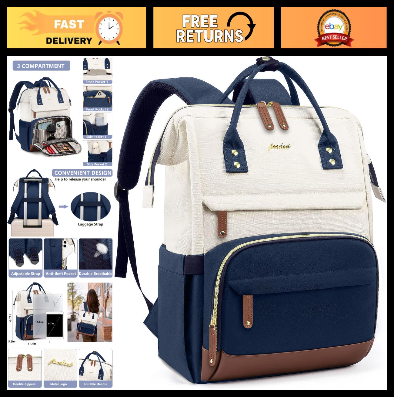 Durable 15.6" Laptop Backpack for Women, USB Charging, Anti Theft, College Work0