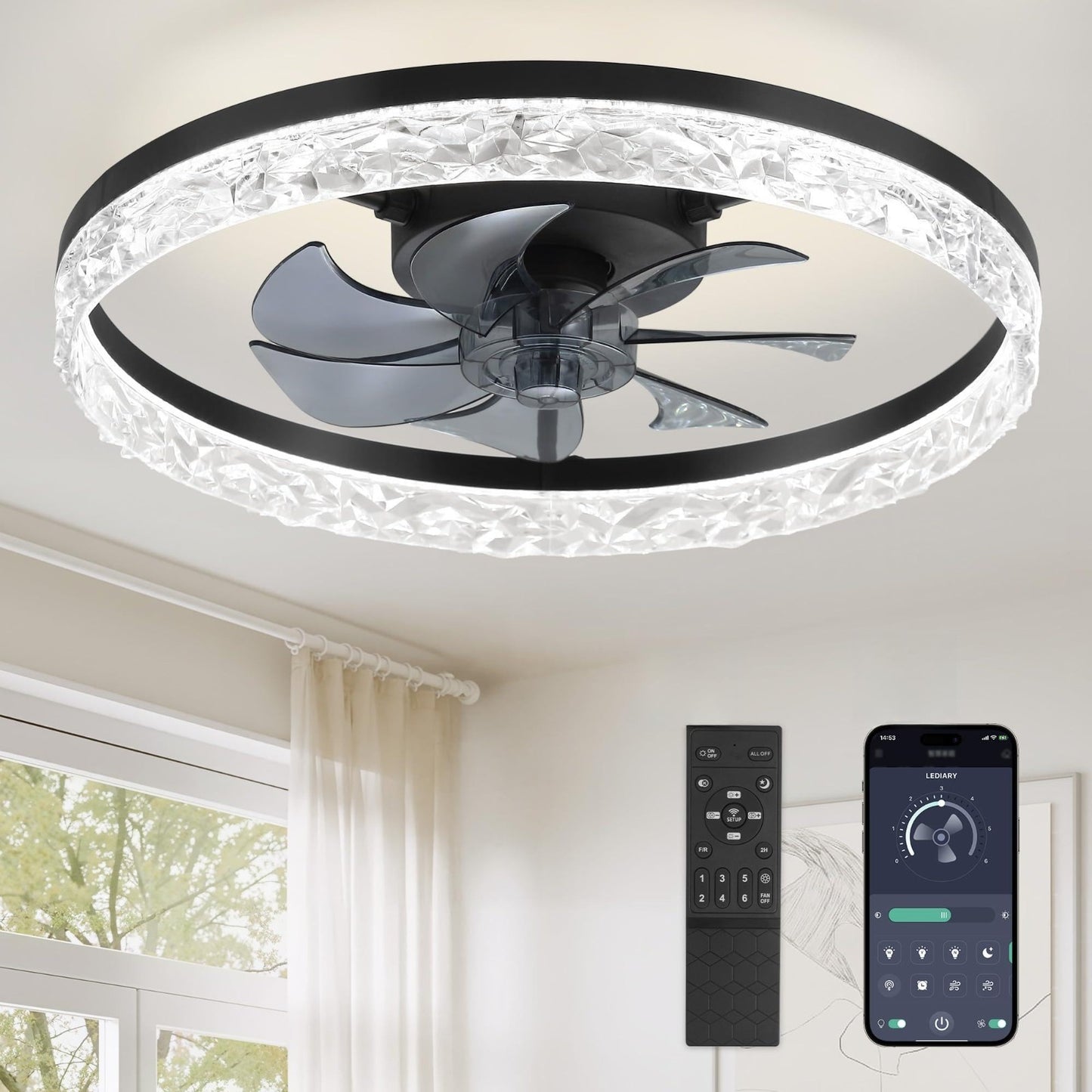 20" Modern Ceiling Fan with Lights & Remote   Dimmable, Low Profile, 6 Speeds, F1