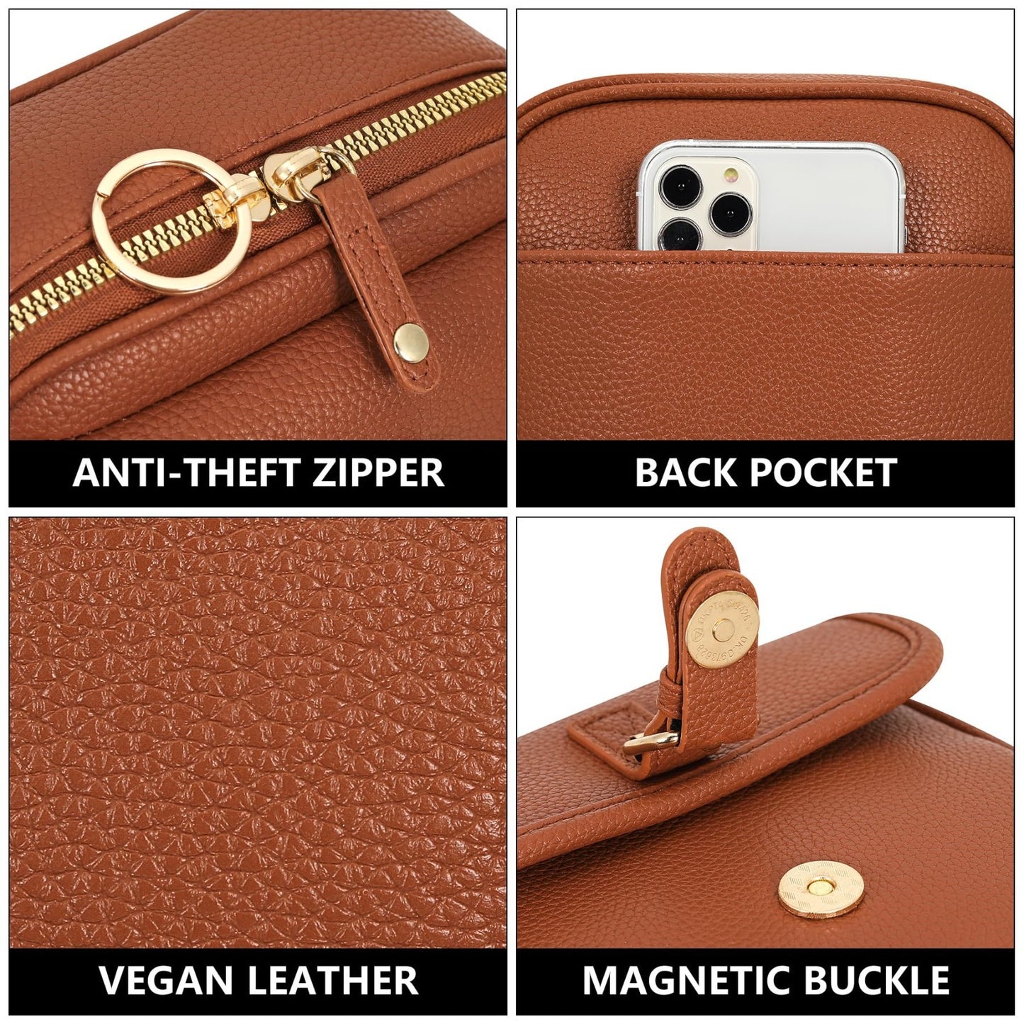 Vegan Leather Crossbody Bag for Women - Vintage Anti-Theft Messenger Purse with3