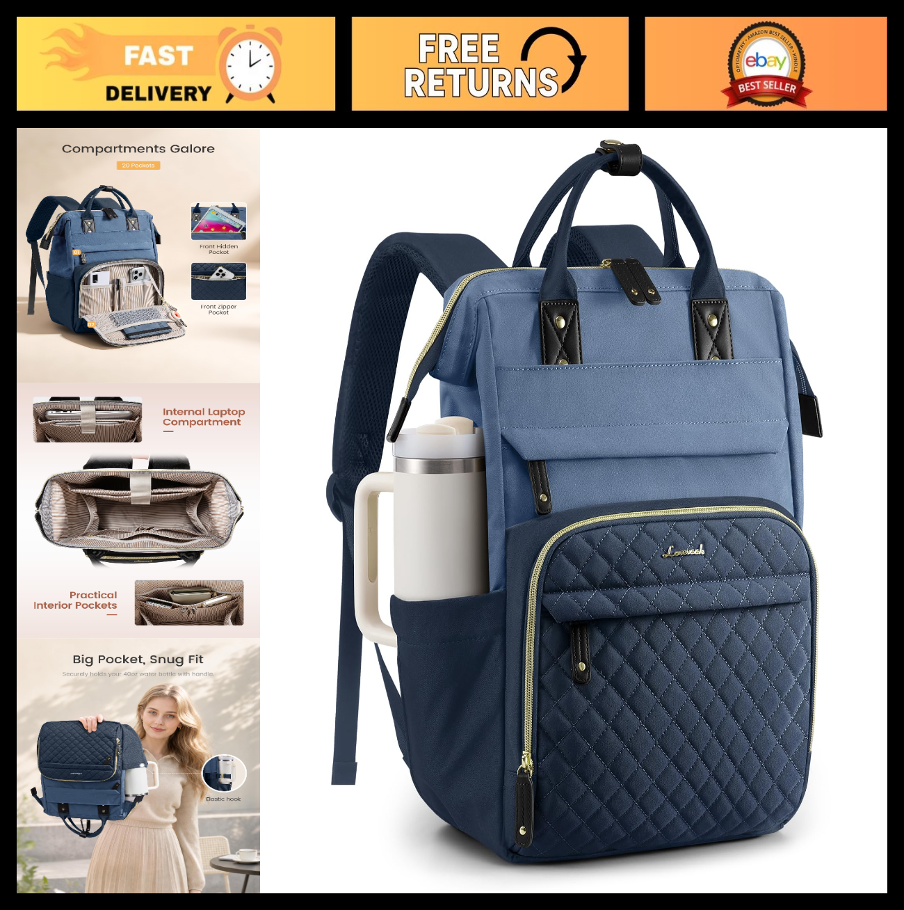 Quilted Laptop Backpack for Women   Stylish Work Bag for Teachers & Nurses0