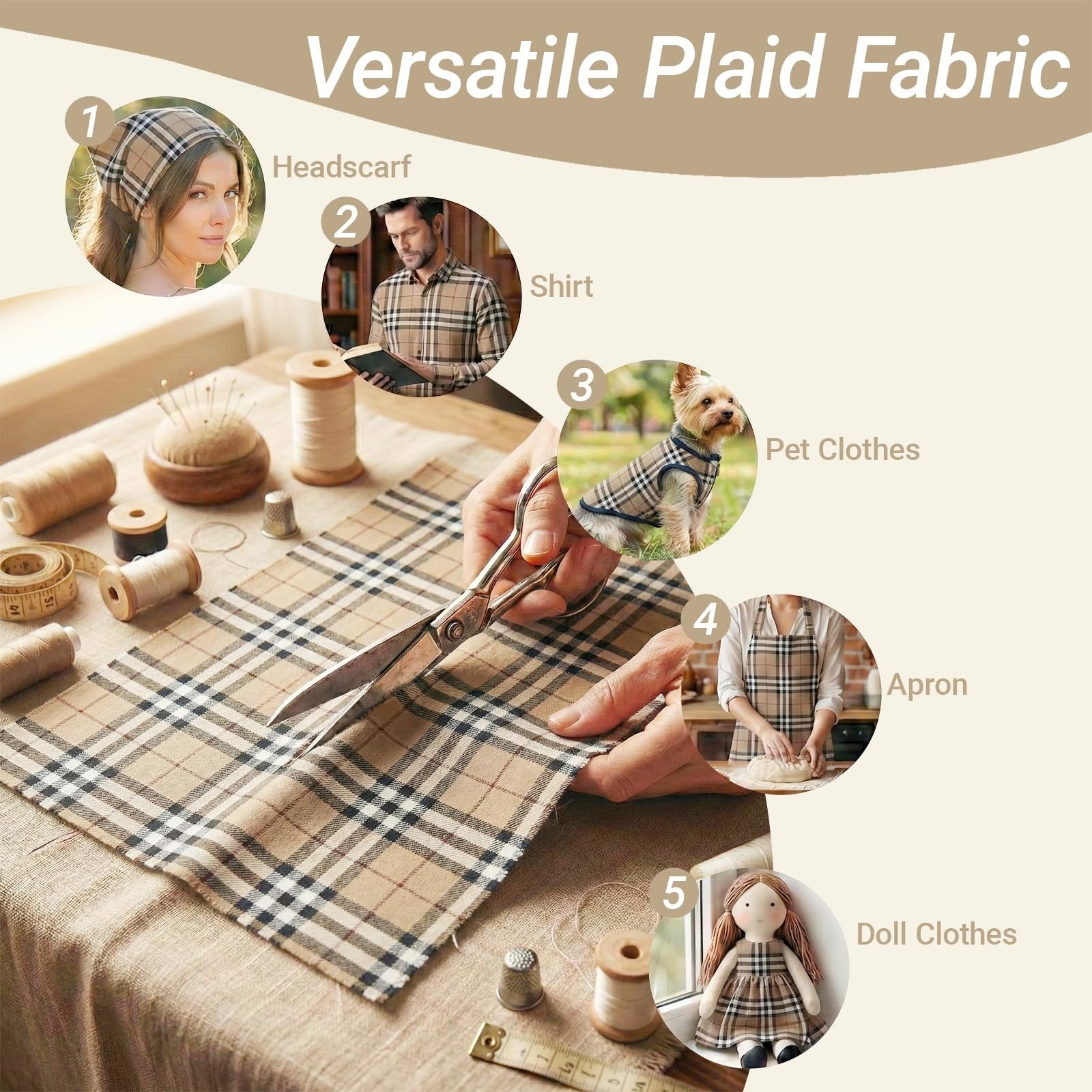 10 Yards Plaid Gingham Fabric, Checkered Poly-Cotton Material for Crafts & DIY D3