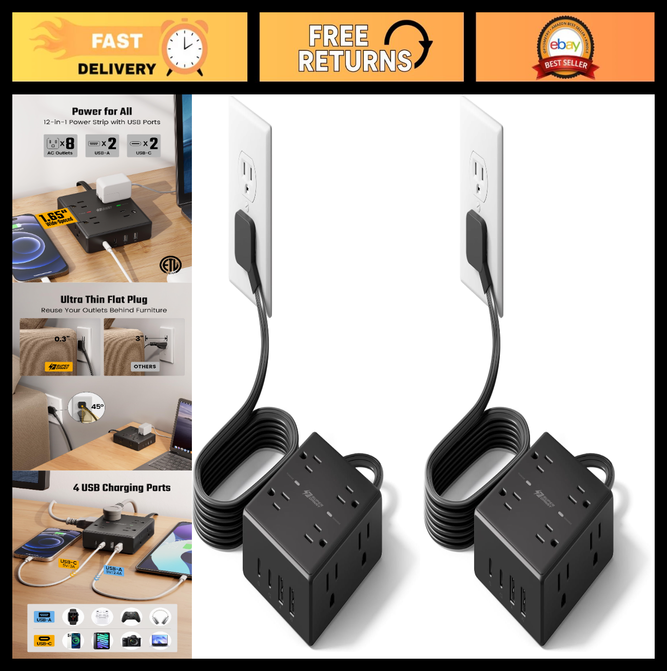 6FT Flat Plug Extension Cord with Surge Protector Power Strip   2 Pack, Heavy Du0