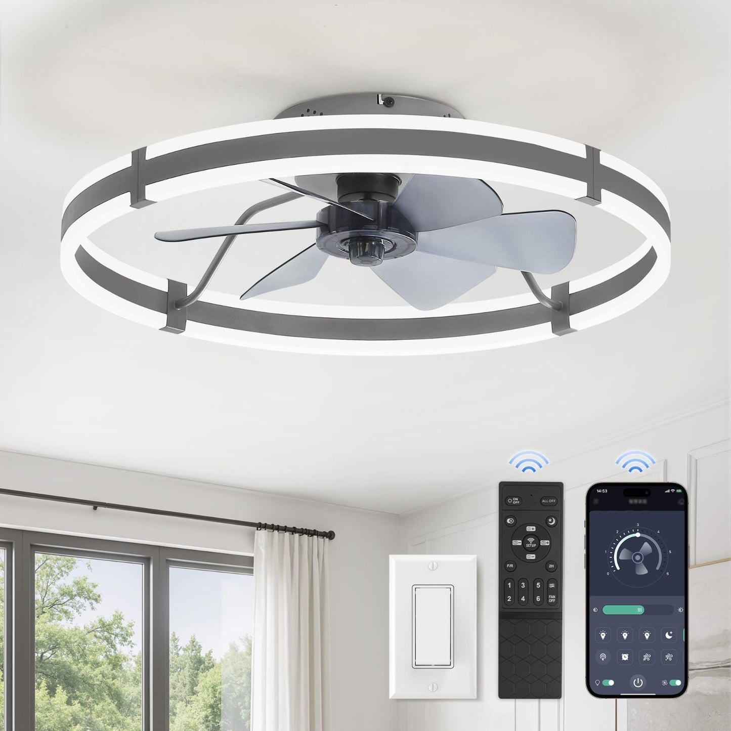Low Profile 24'' Ceiling Fan with Lights, Remote Control, Dimmable LED, Quiet Mo1
