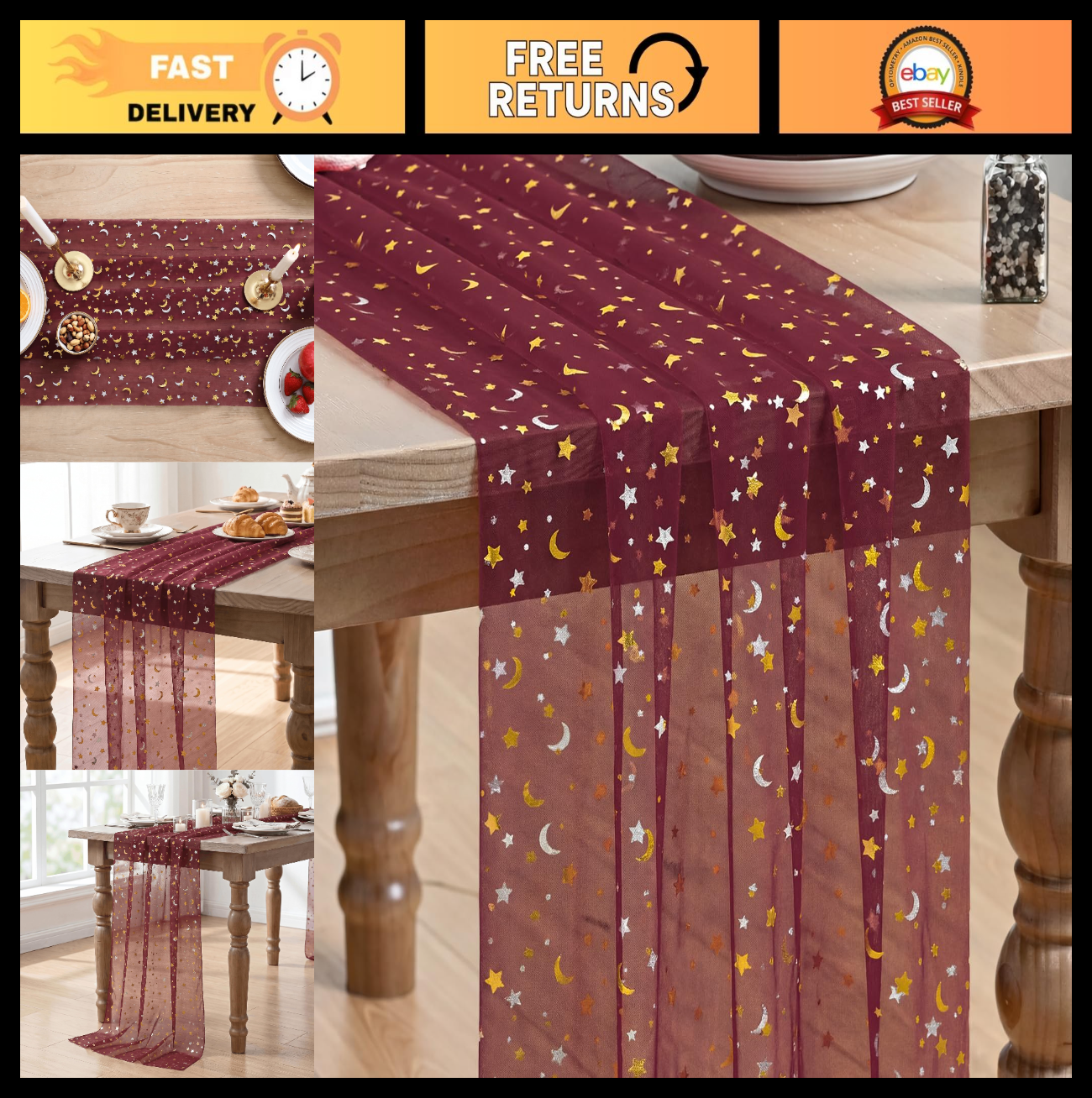 Burgundy Star Moon Table Runner 10FT - Glitter Foil Sheer Dining Decor for Parti0