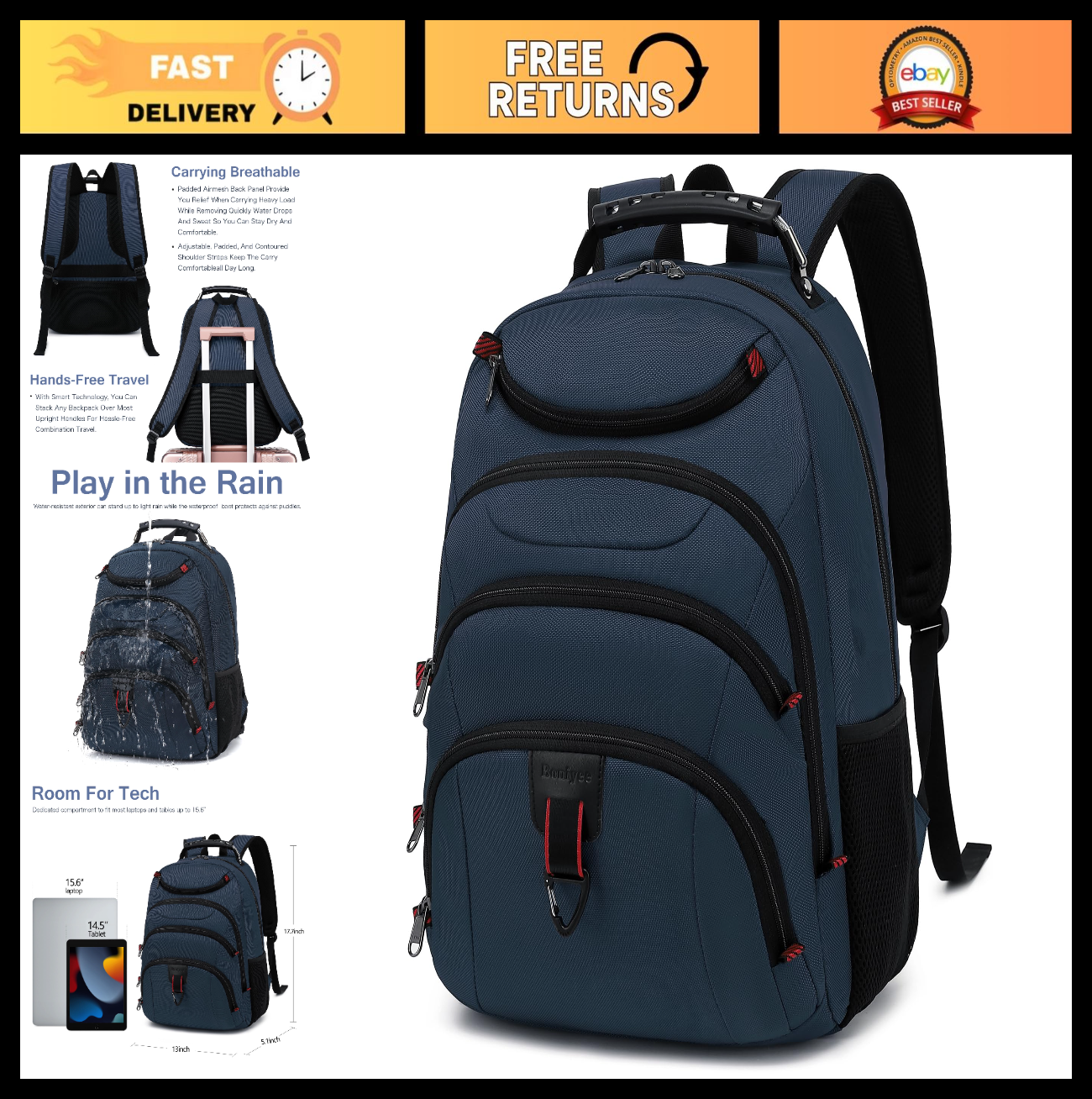 Waterproof 15.6" Laptop Backpack with USB Port, Anti Theft Travel Bag for Work &0