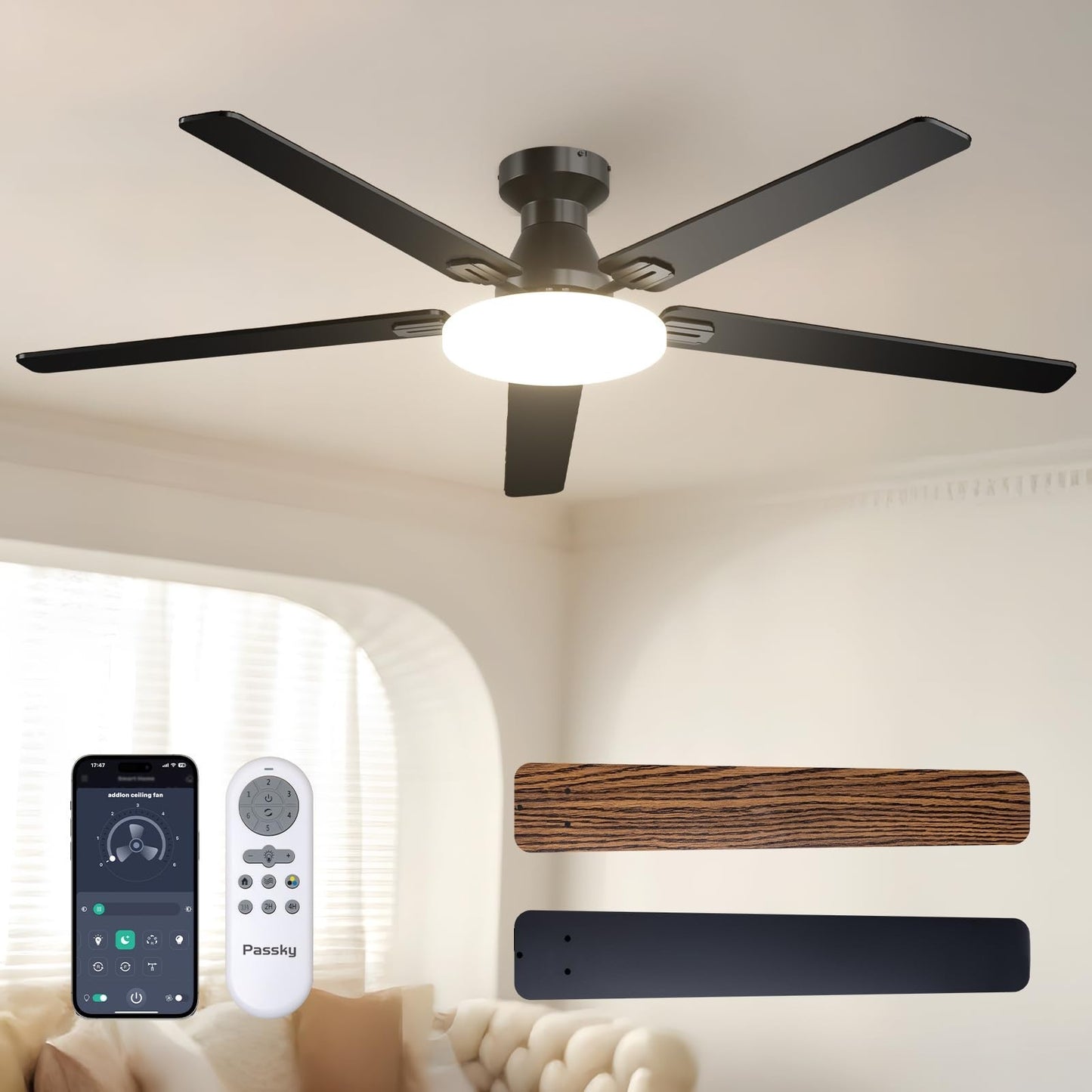 60" Black Low Profile Ceiling Fan with Lights & Remote | Dimmable, Quiet, Revers0