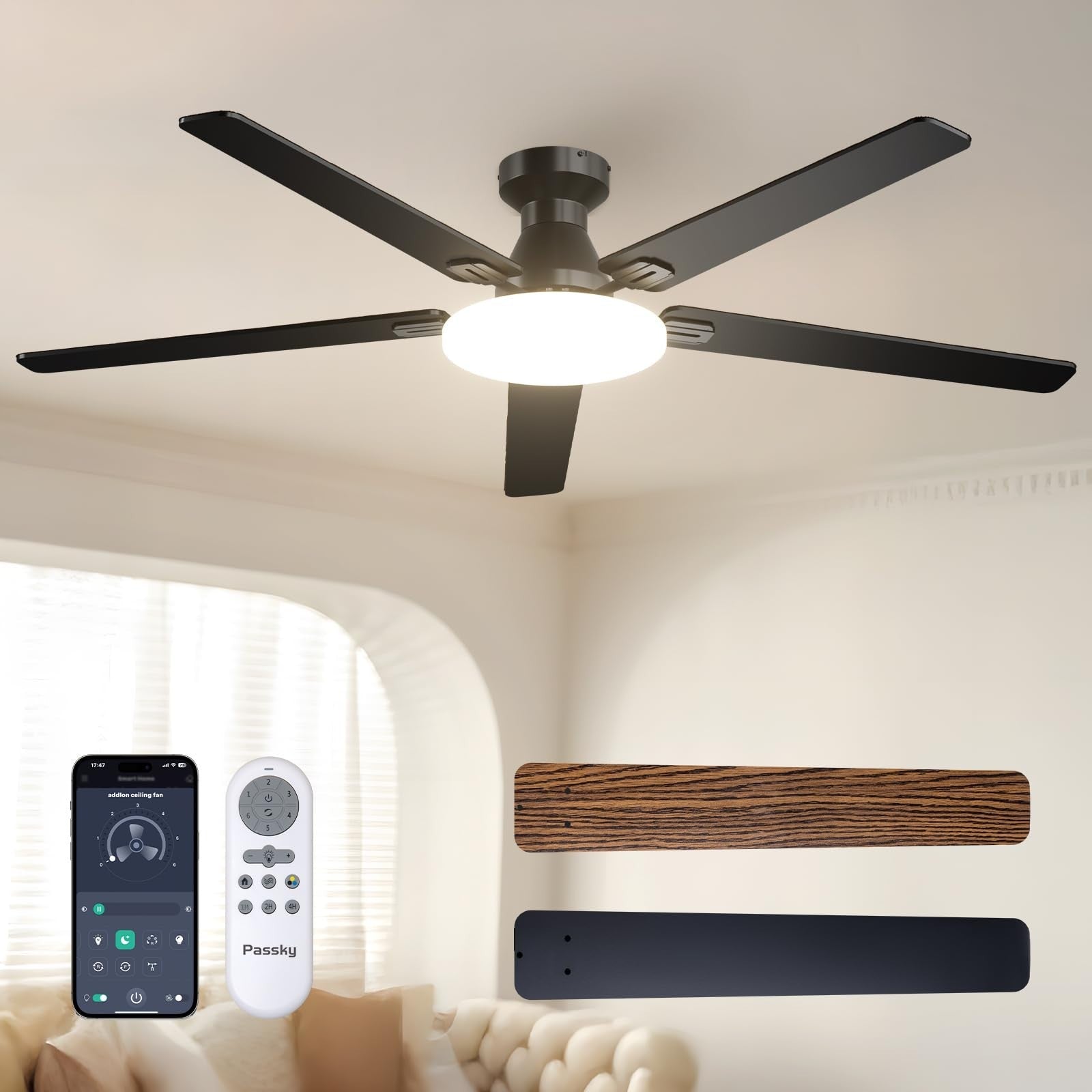 60" Black Low Profile Ceiling Fan with Lights & Remote | Dimmable, Quiet, Revers0