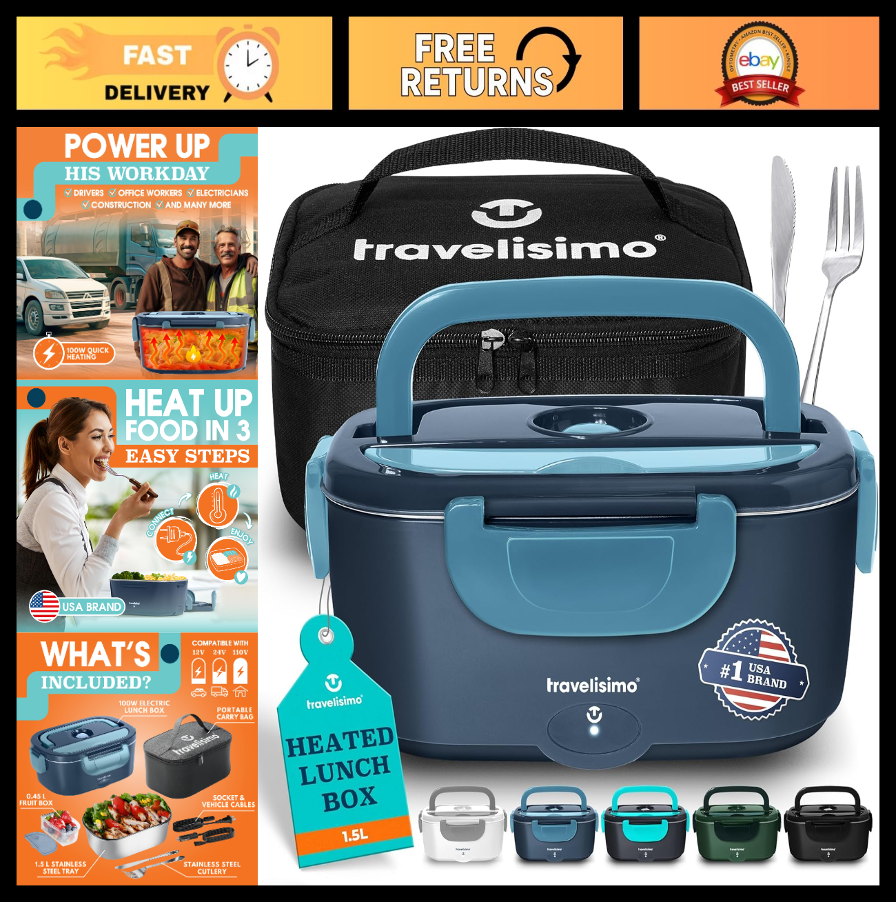 Electric Lunch Box 1.5L - 100W Portable Food Warmer for Work & Travel, 12/24/1100