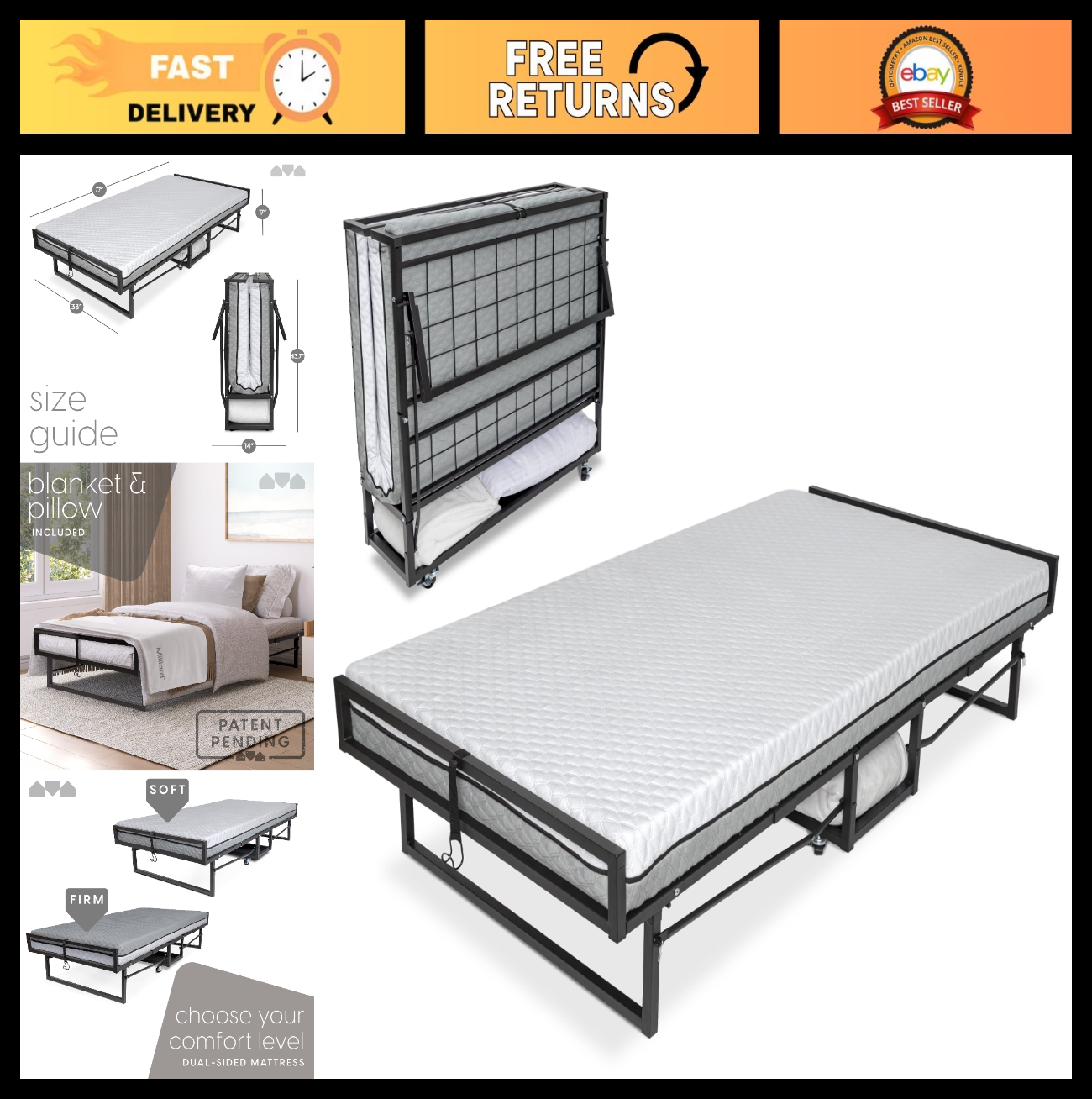 Deluxe Twin Folding Bed with Mattress, Portable Rollaway Bed, Bonus Pillow & Bla9