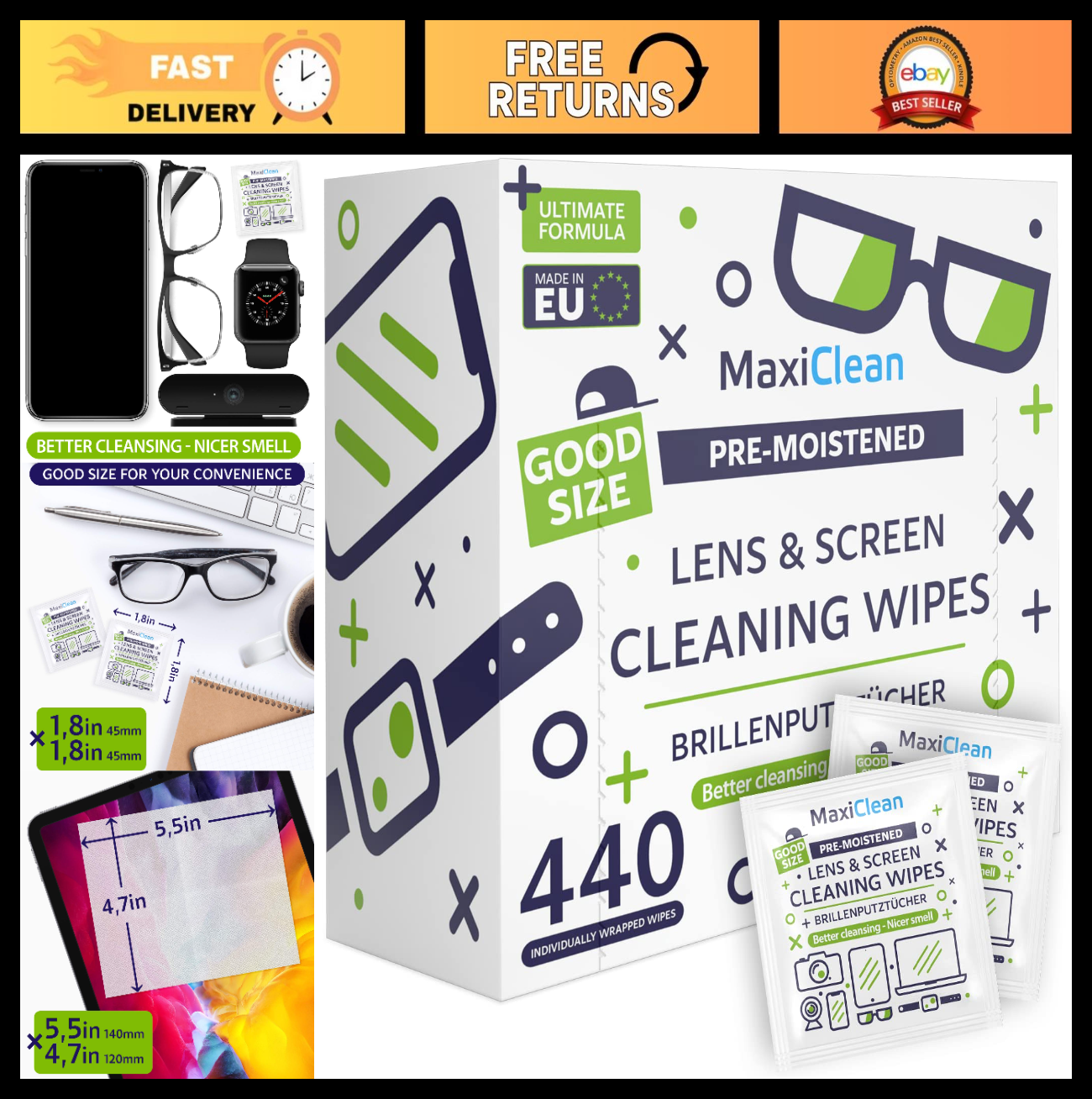 Pre-Moistened Lens Wipes 440 Pack - Streak-Free Glasses & Screen Cleaner, Bulk I0