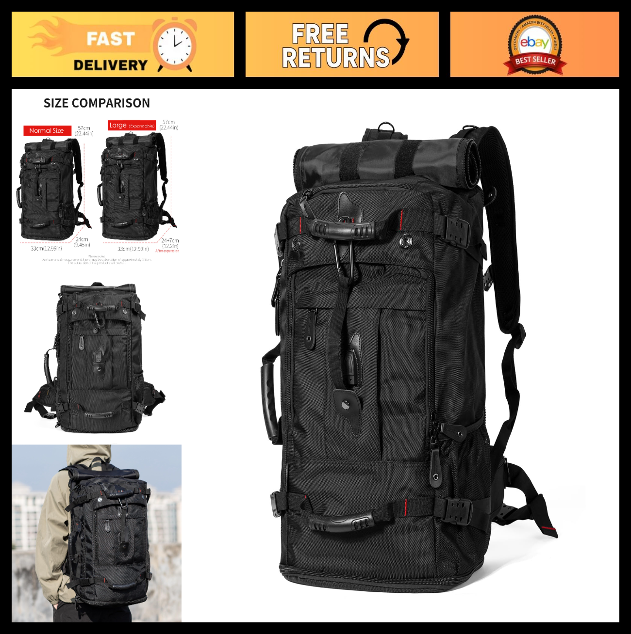Large Capacity Travel Hiking Sports Backpack Duffle Bag 45L Convertible Laptop B0