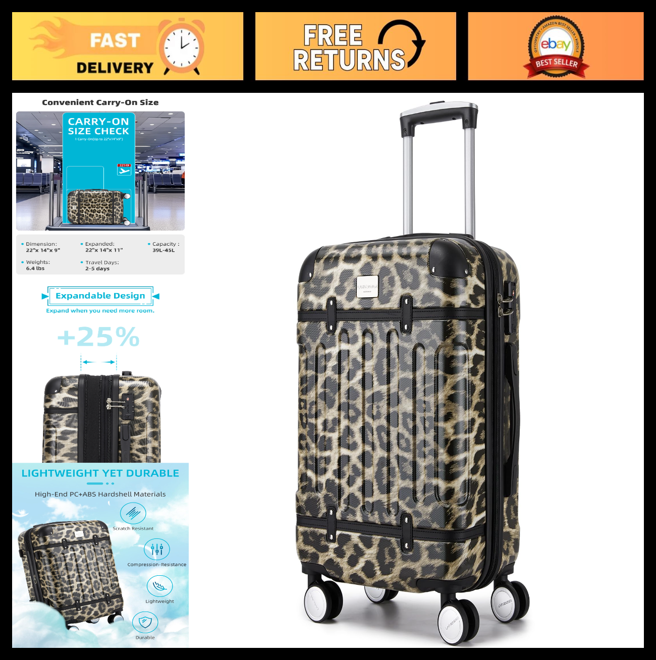 Expandable Carry-On Luggage 22x14x9, Lightweight Hardshell, Cheetah Print, TSA L0