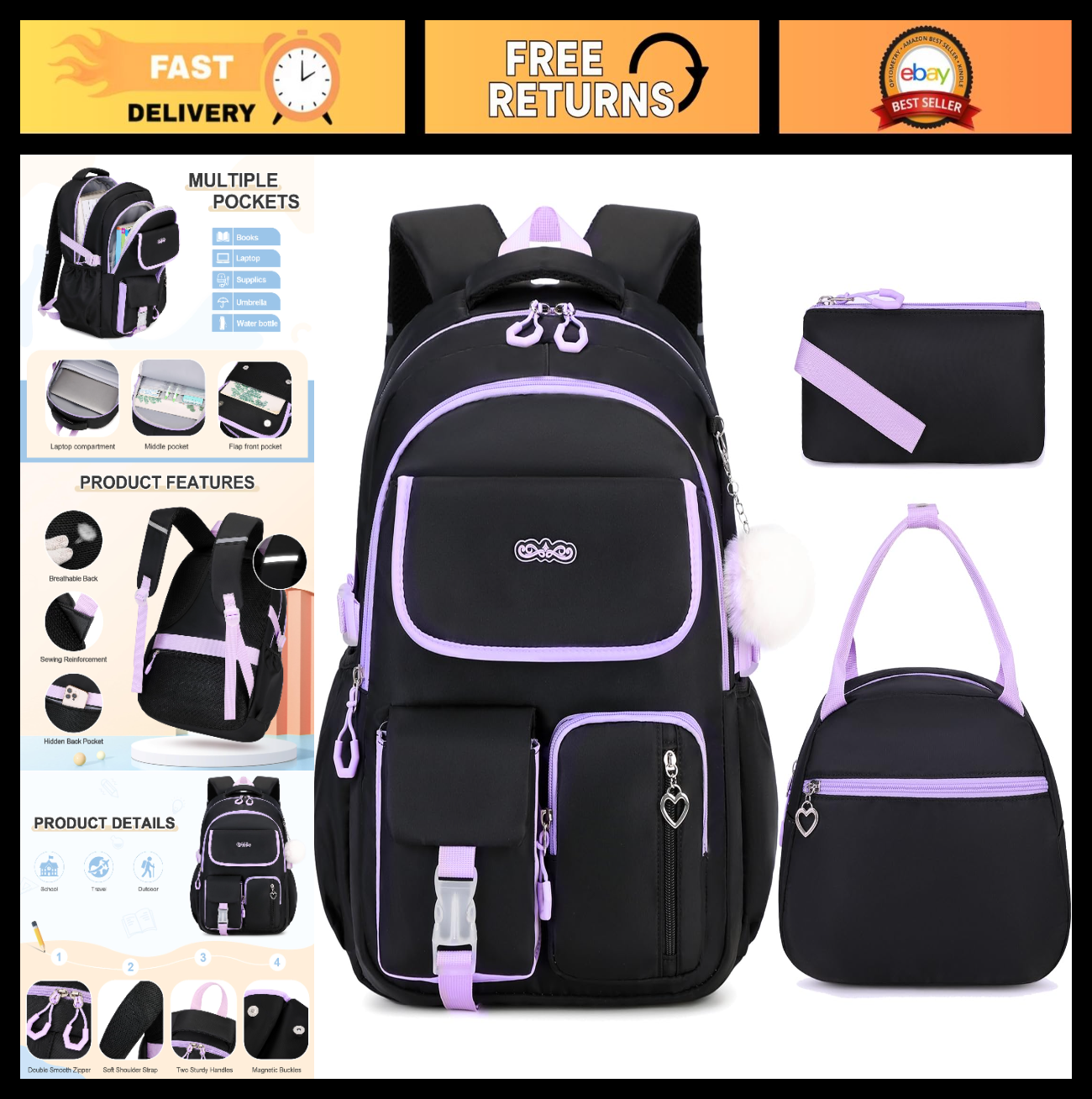 Girls' School Backpack Set 3PCS   Includes Lunch Box & Pencil Pouch, Stylish & D0