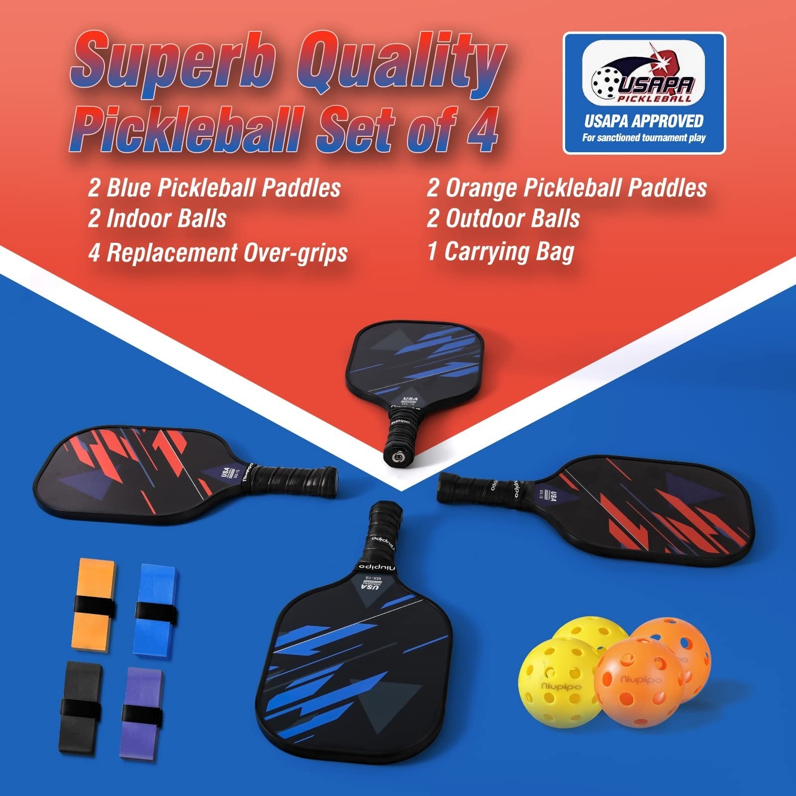 Pickleball Paddle Set of 2 or 4, USAPA Approved, Lightweight Fiberglass with Bal7