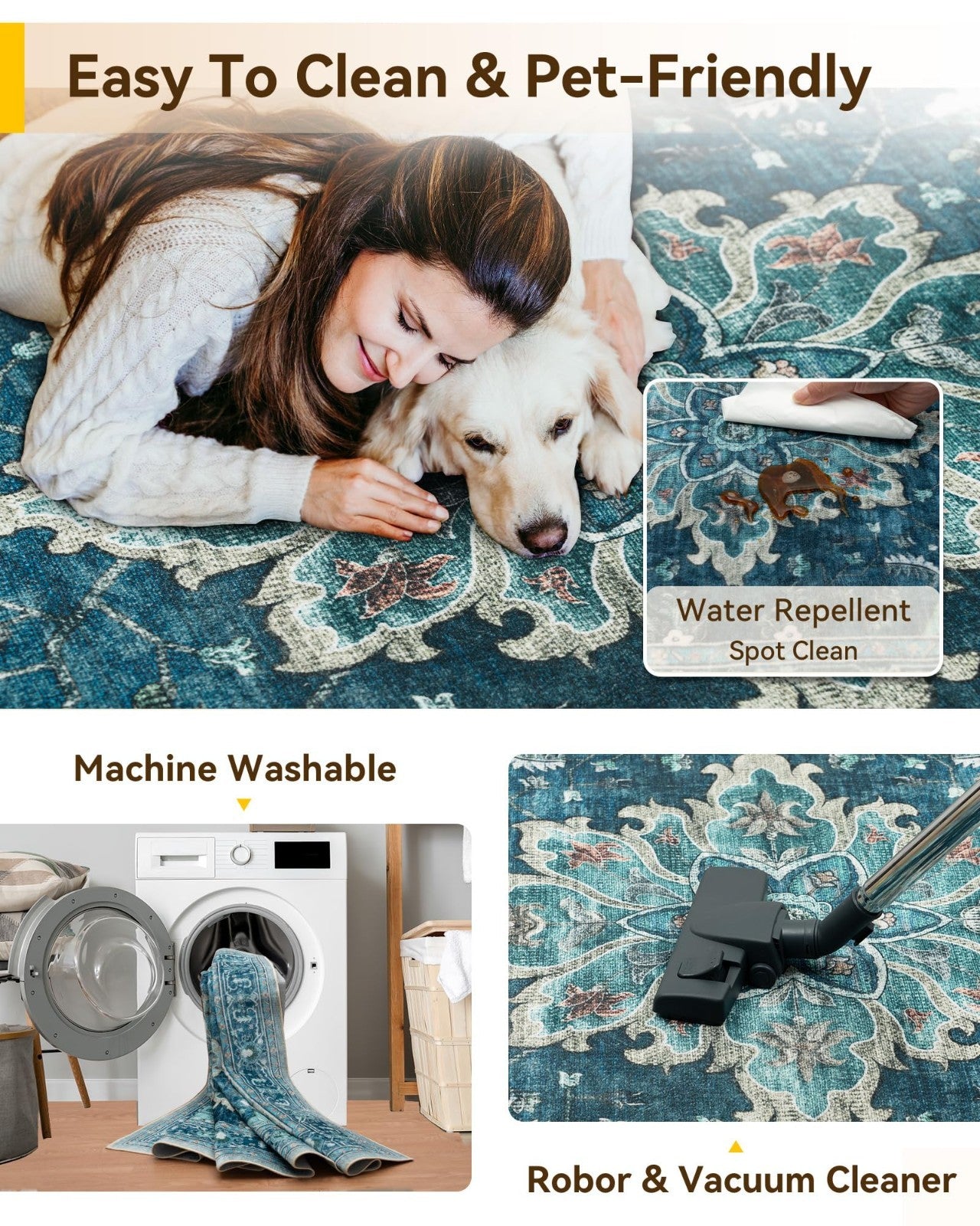 Washable 8'x10' Area Rug   Teal Vintage Floral Boho, Non Slip, Water Repellent,5