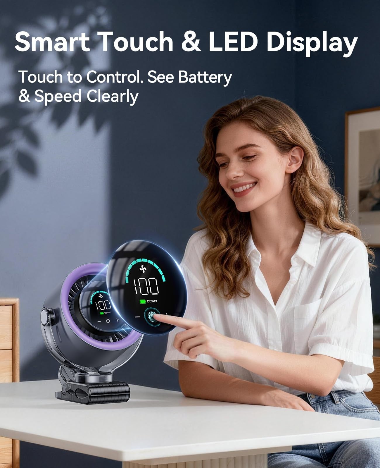 4000mAh Portable Clip On Fan, 100 Speed Touch Control, 360° Rotate, USB Battery5