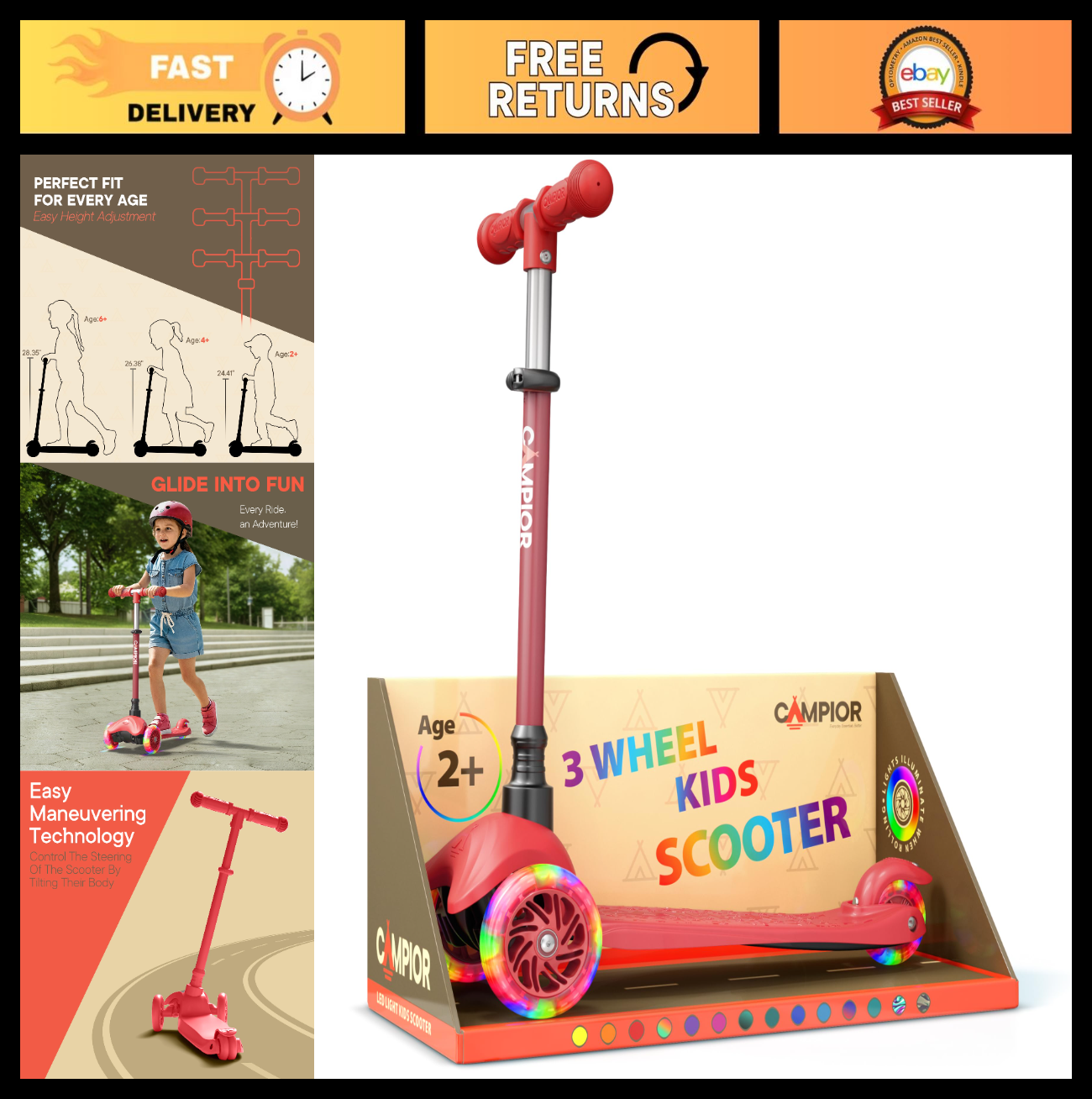 Mini 3-Wheel Kids Scooter - Lean-to-Steer, LED Light Wheels, Adjustable Handleba0