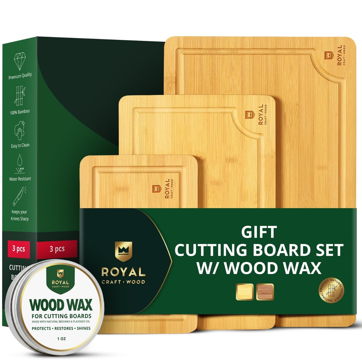 Wooden Cutting Boards Set   Bamboo Meal Prep & Serving Board with Juice Groove &1