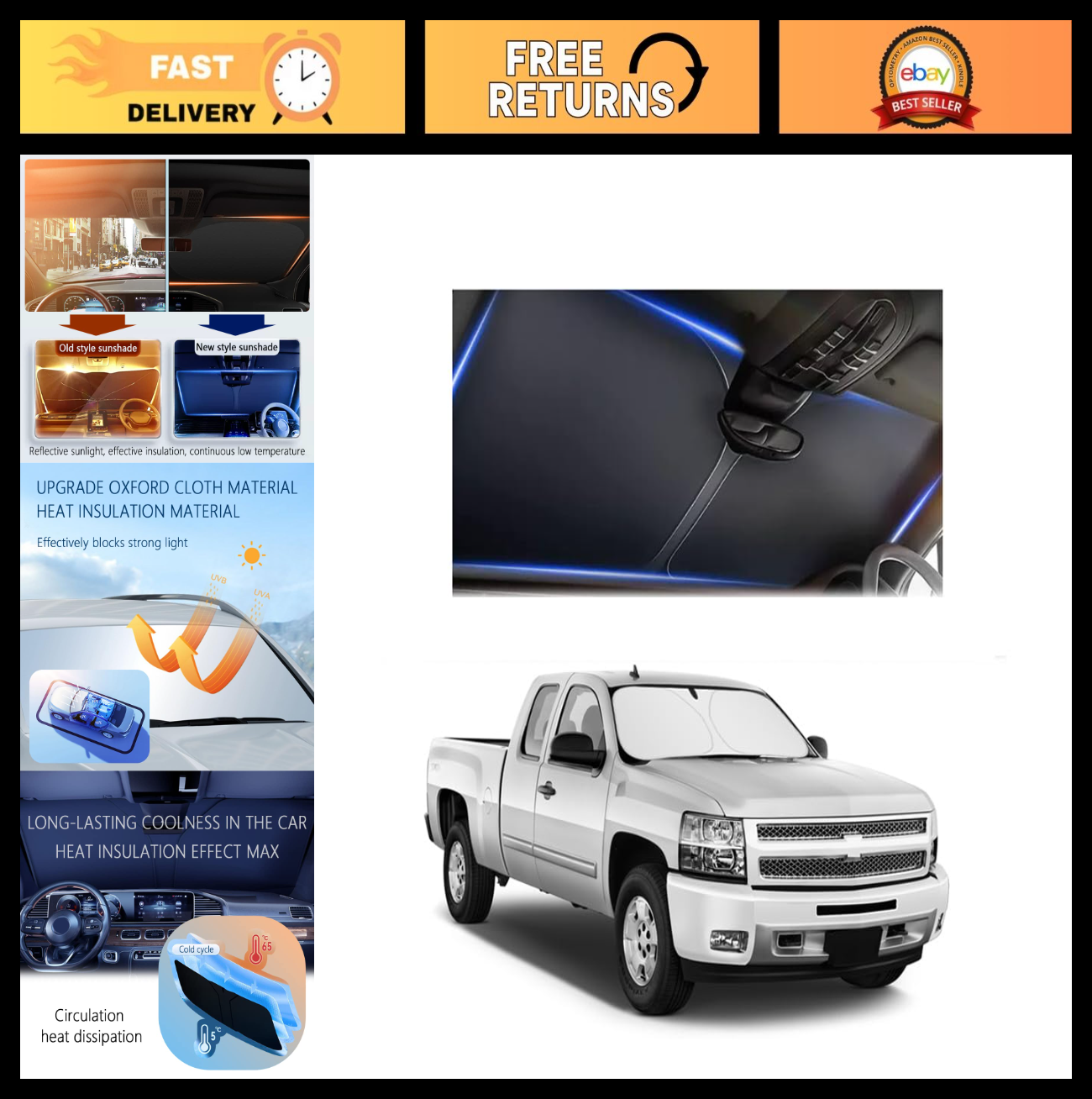 300T Thick Sunshade for Car Windshield - Blocks 99% Sunlight & Heat, XL 63x330
