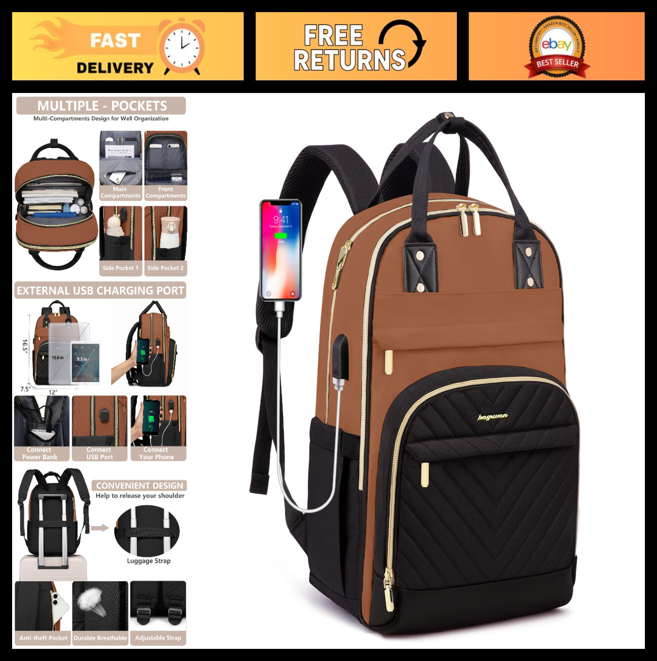 Stylish 15.6" Laptop Backpack for Women   Waterproof Travel Bag with USB Charger0