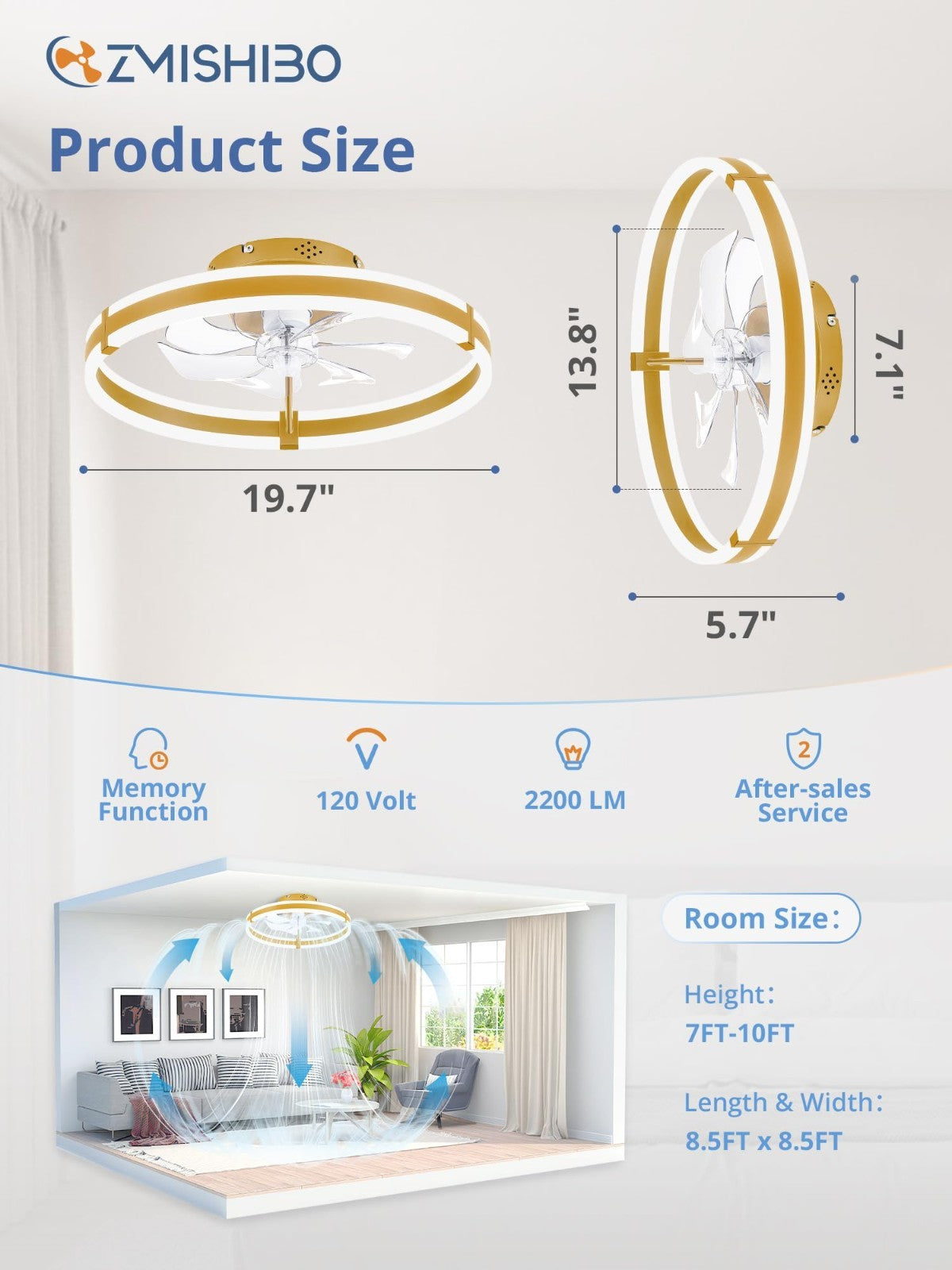 Low Profile Ceiling Fan with Lights & Remote, Dimmable LED, 6 Speeds, Gold Fande5