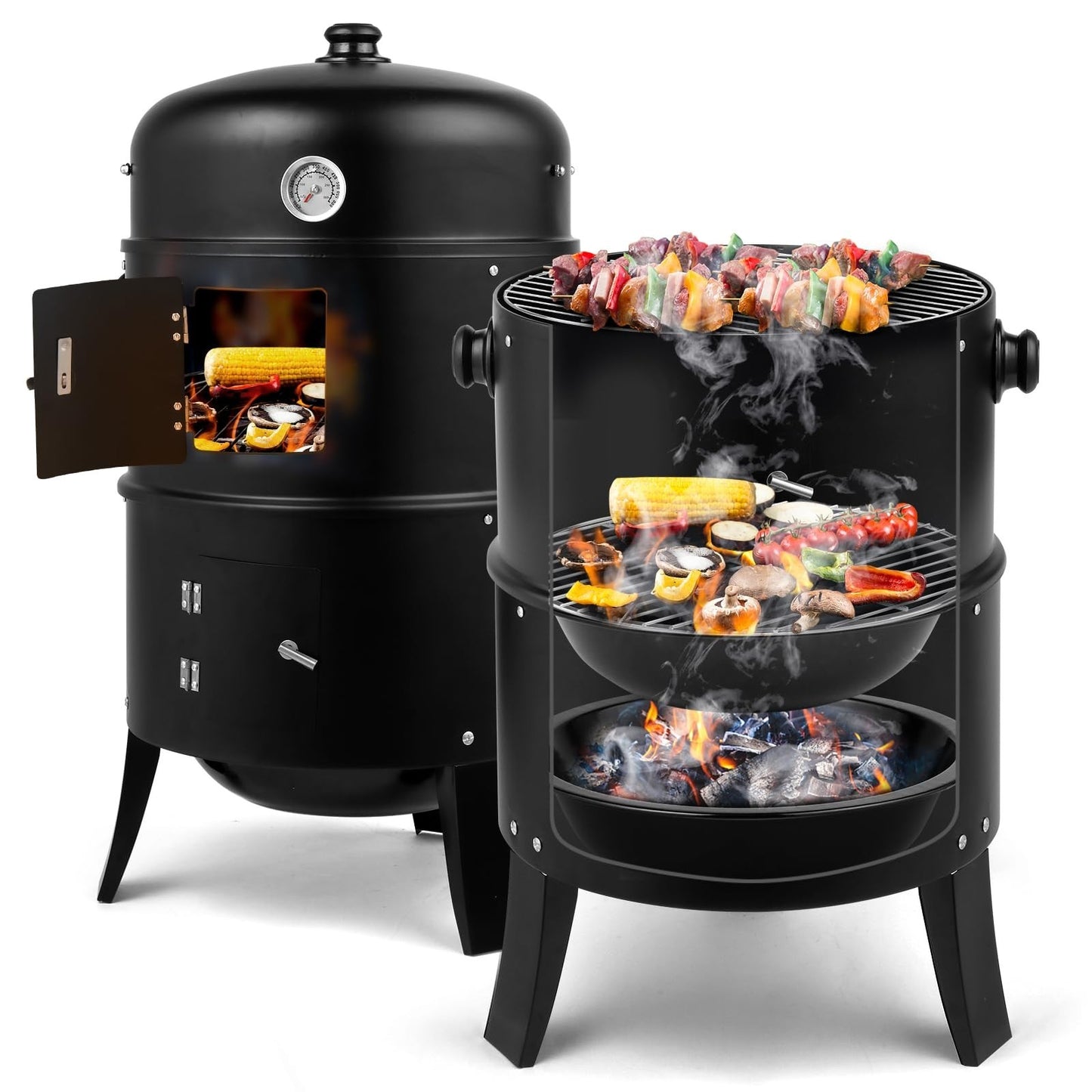 17 Inch Vertical Charcoal Smoker Grill - 3-in-1 Portable Outdoor Cooker with The1
