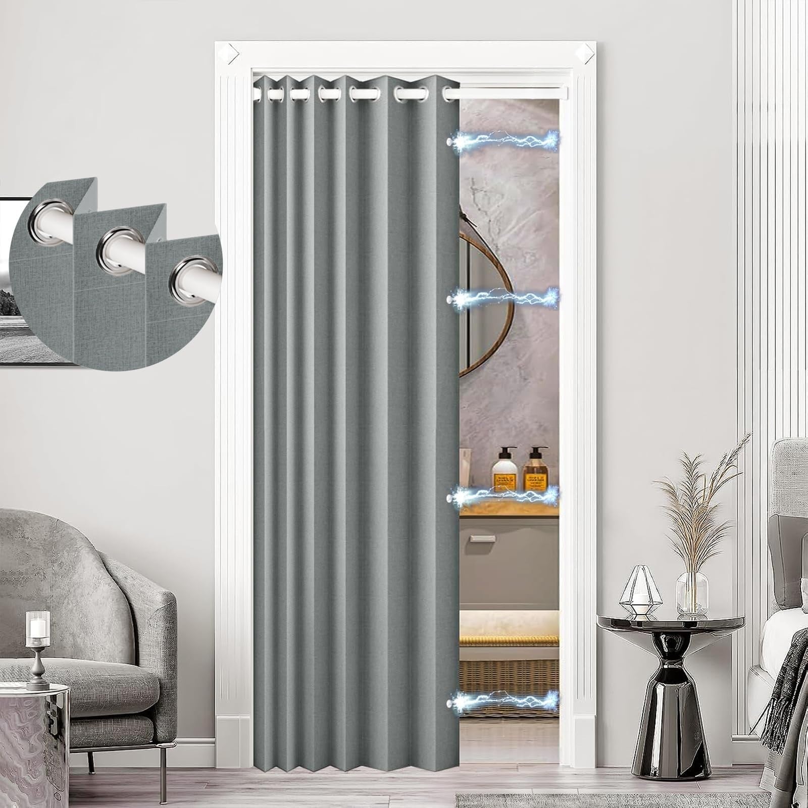 100% Blackout Magnetic Door Curtain for Privacy, Closet & Hallway, 1 Panel, Gray1