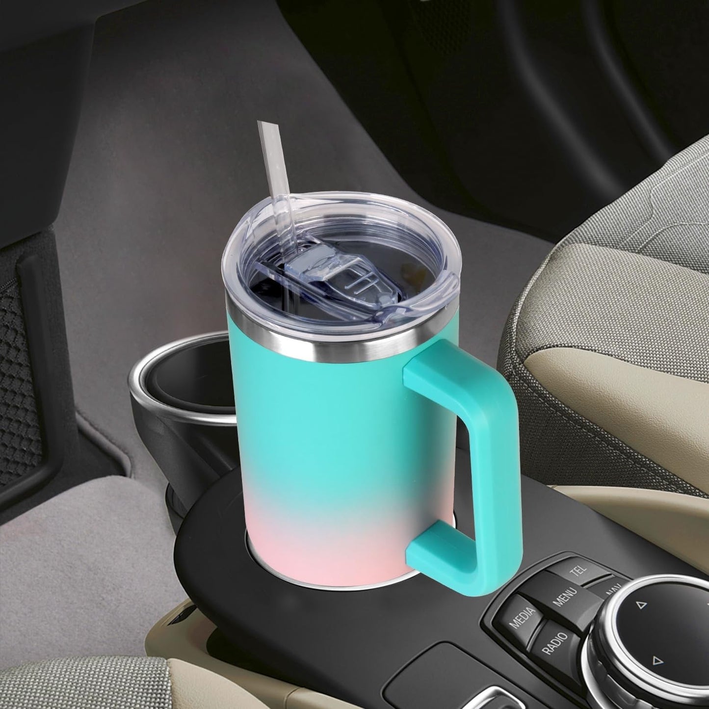 40 oz Insulated Tumbler with Handle & Straw   Leak Proof Travel Mug, Hot & Cold1