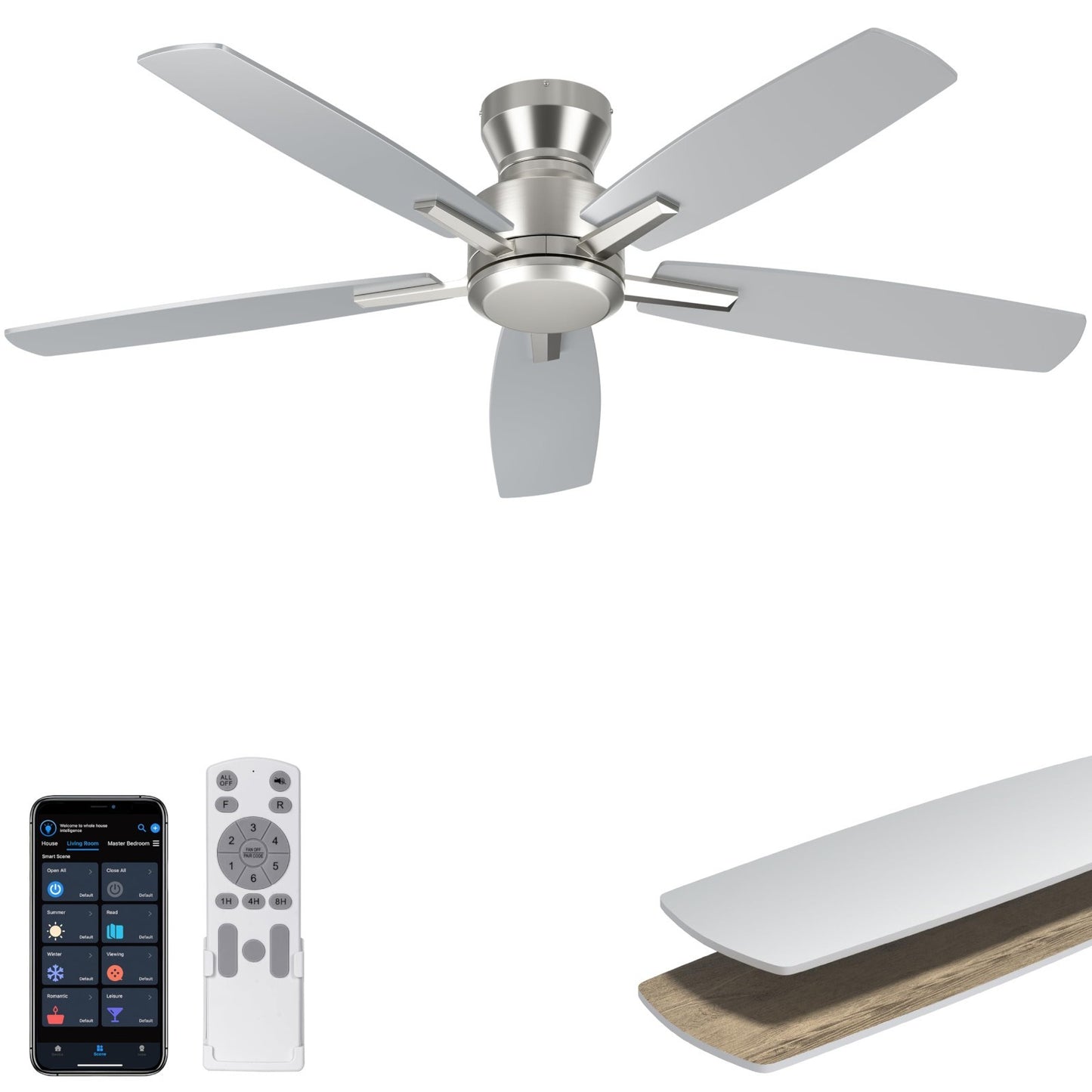 52'' Low Profile Ceiling Fan   No Light, Remote/App Control, Quiet DC Motor, 4581