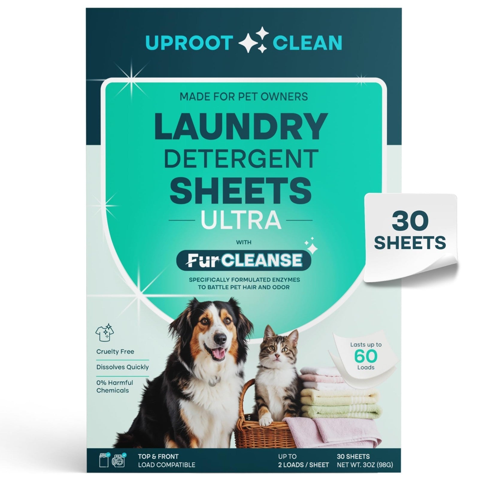 Ultra Pet Laundry Detergent Sheets, Unscented, 60 Loads, Travel Pack, Fur & Odor1