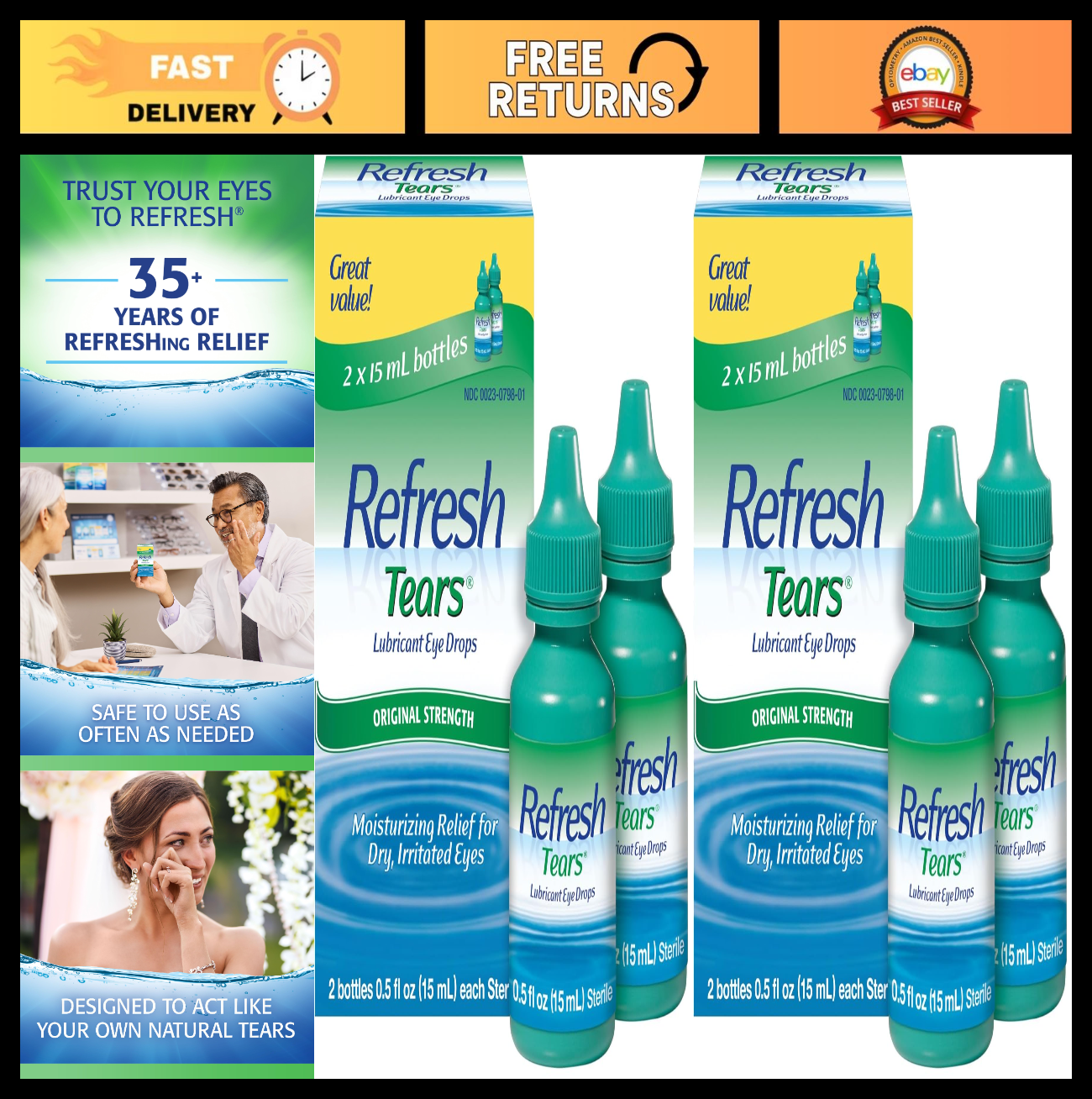 Moisturizing Eye Drops - Liquid Lubricant, 0.51 oz, 4-Pack for Dry Eyes Relief0