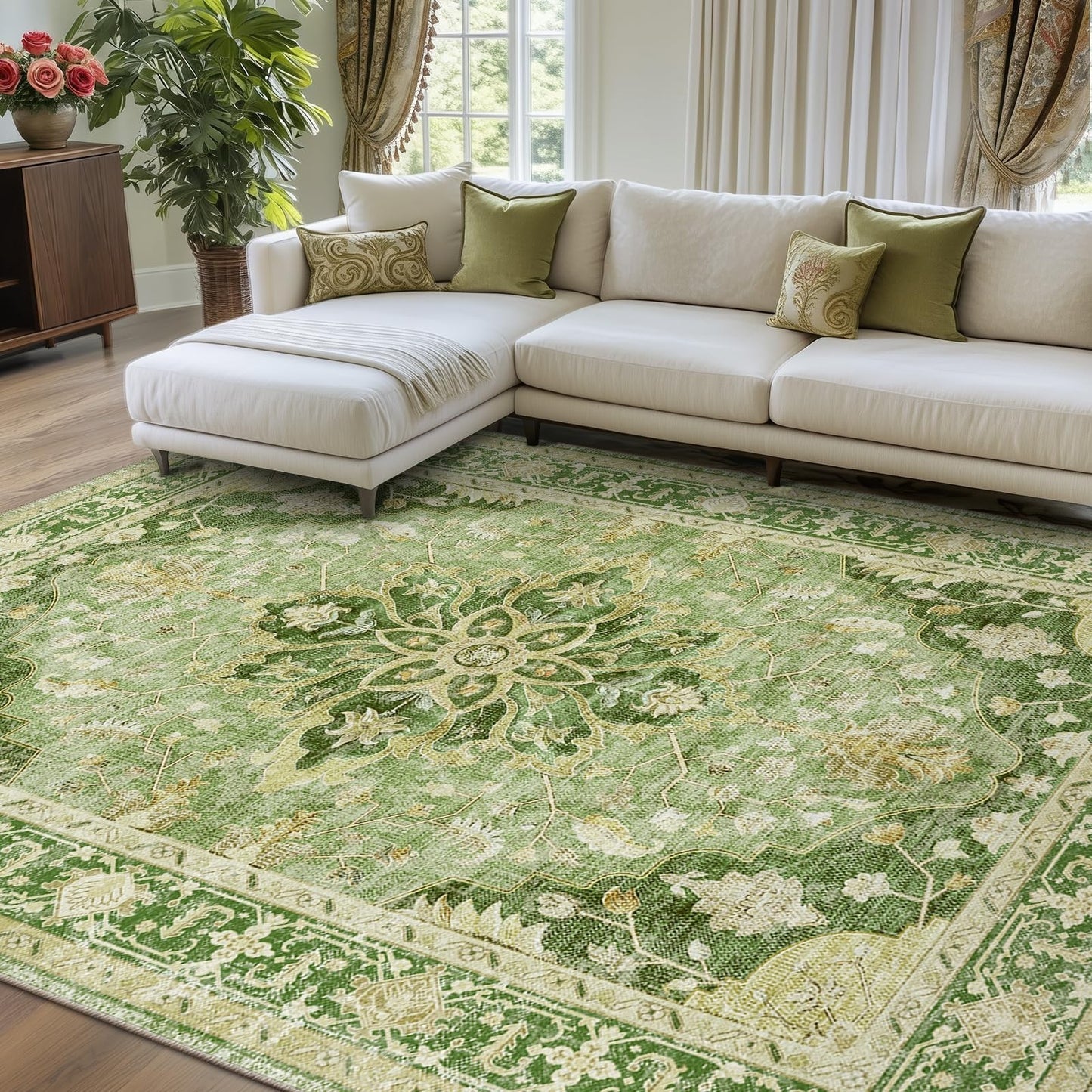 Washable 8'x10' Area Rug   Green/Yellow, Non Slip, Pet Friendly, Vintage Floral1