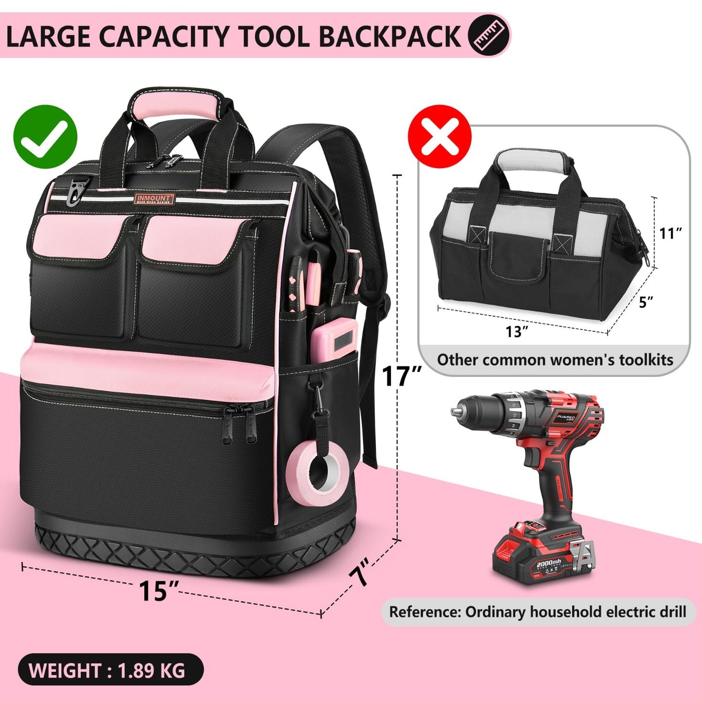 Pink Tool Bag for Women   Waterproof Wide Open Tool Backpack with Double Zipper,2