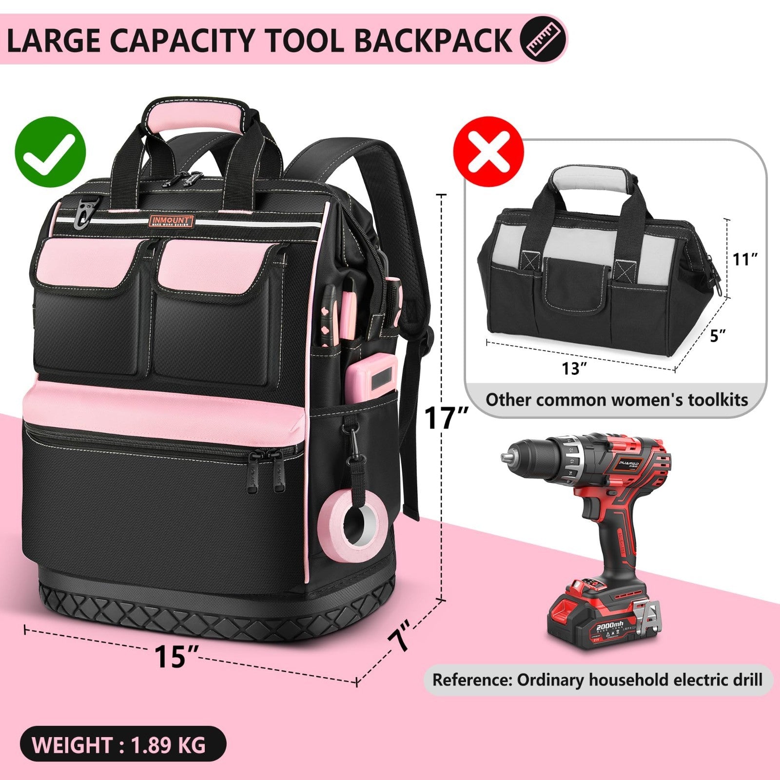 Pink Tool Bag for Women   Waterproof Wide Open Tool Backpack with Double Zipper,2