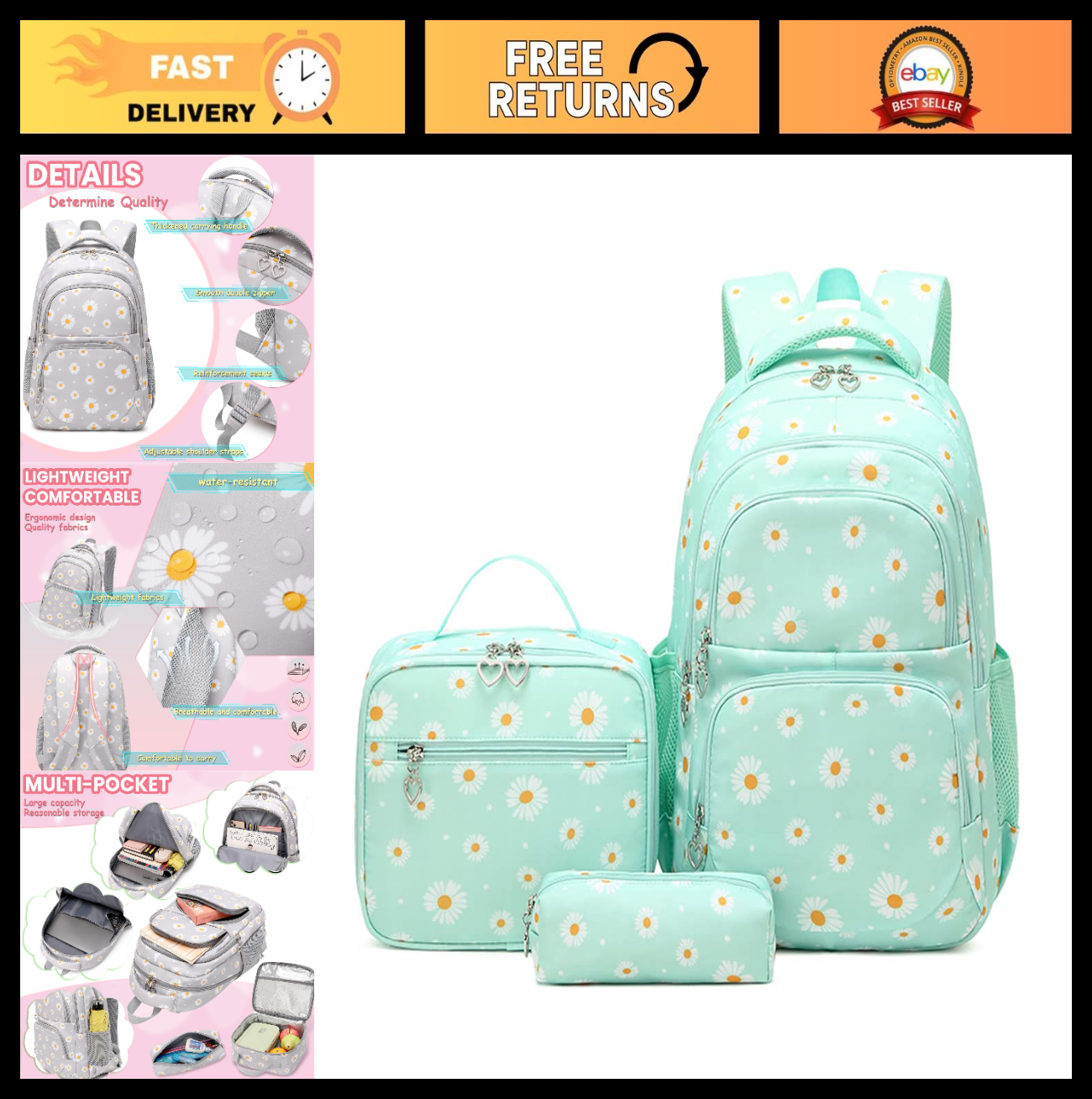 Daisy Print Backpack Set for Girls   3 Pcs Bookbag with Lunch Box   Green, Schoo0
