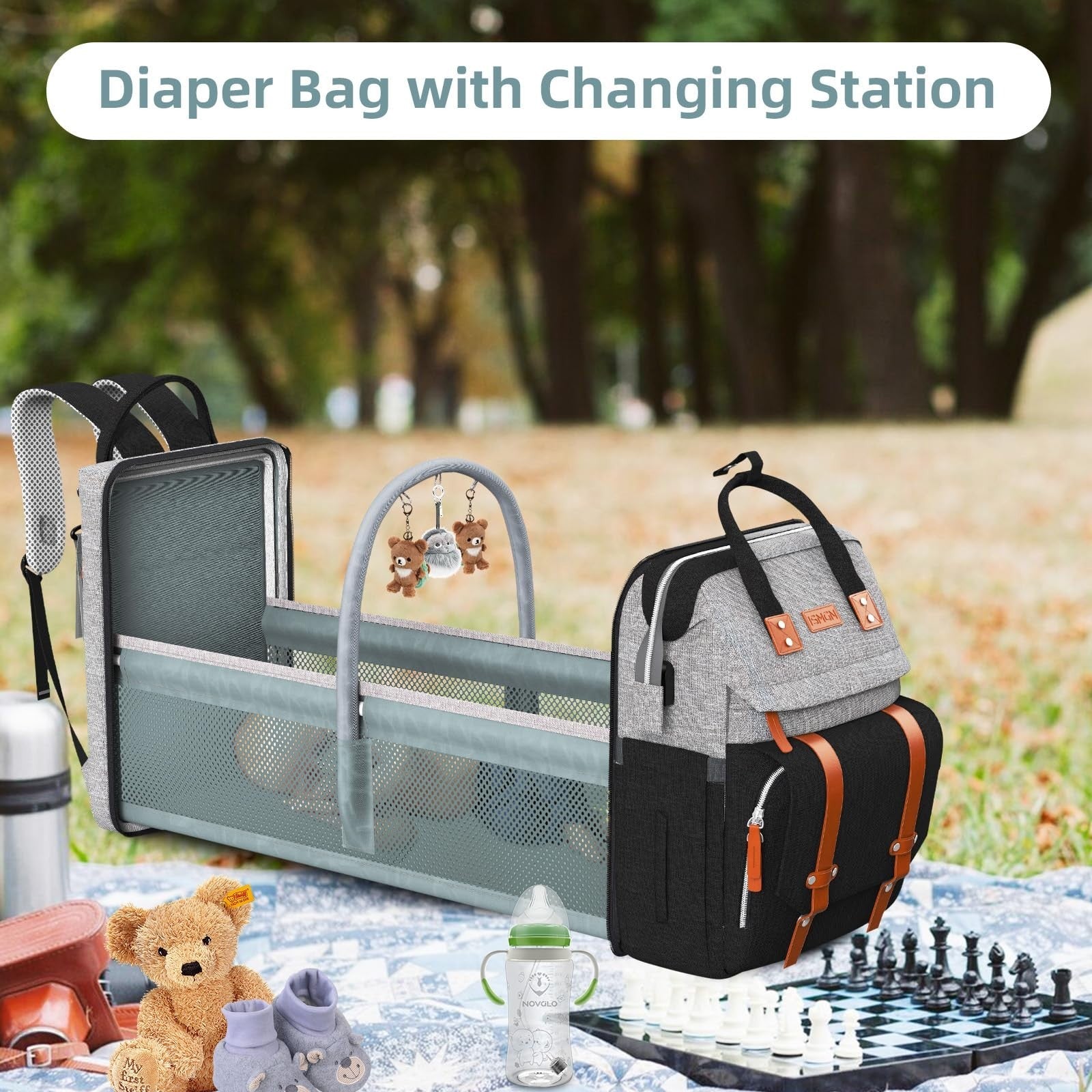 Diaper Bag Backpack with Changing Station   Stylish Baby Diaper Bag, Grey/Black3