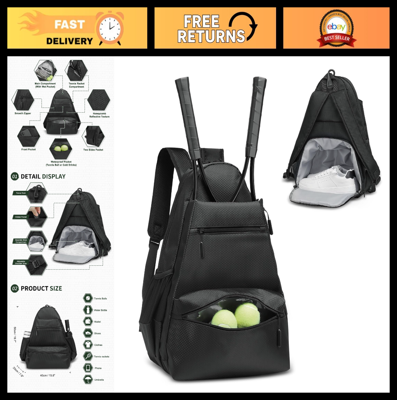 Optimized eBay Title:  Waterproof Tennis Backpack with Shoe Compartment, Wet/Dr0