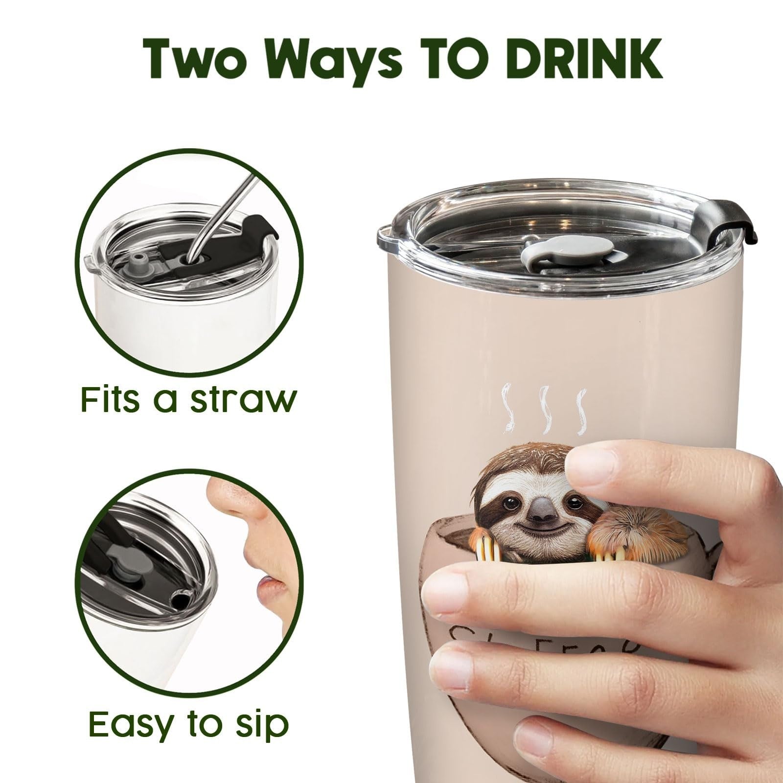 Cute Sloth 20oz Tumbler with Lid   Insulated Travel Mug for Coffee & Tea, Perfec8