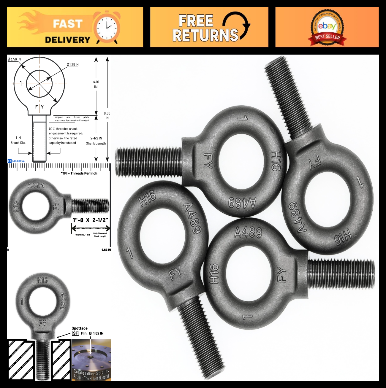 4 Pcs Lifting Shoulder Eye Bolts 1"-8 X 2-1/2" Heavy Duty Hardware Fasteners0