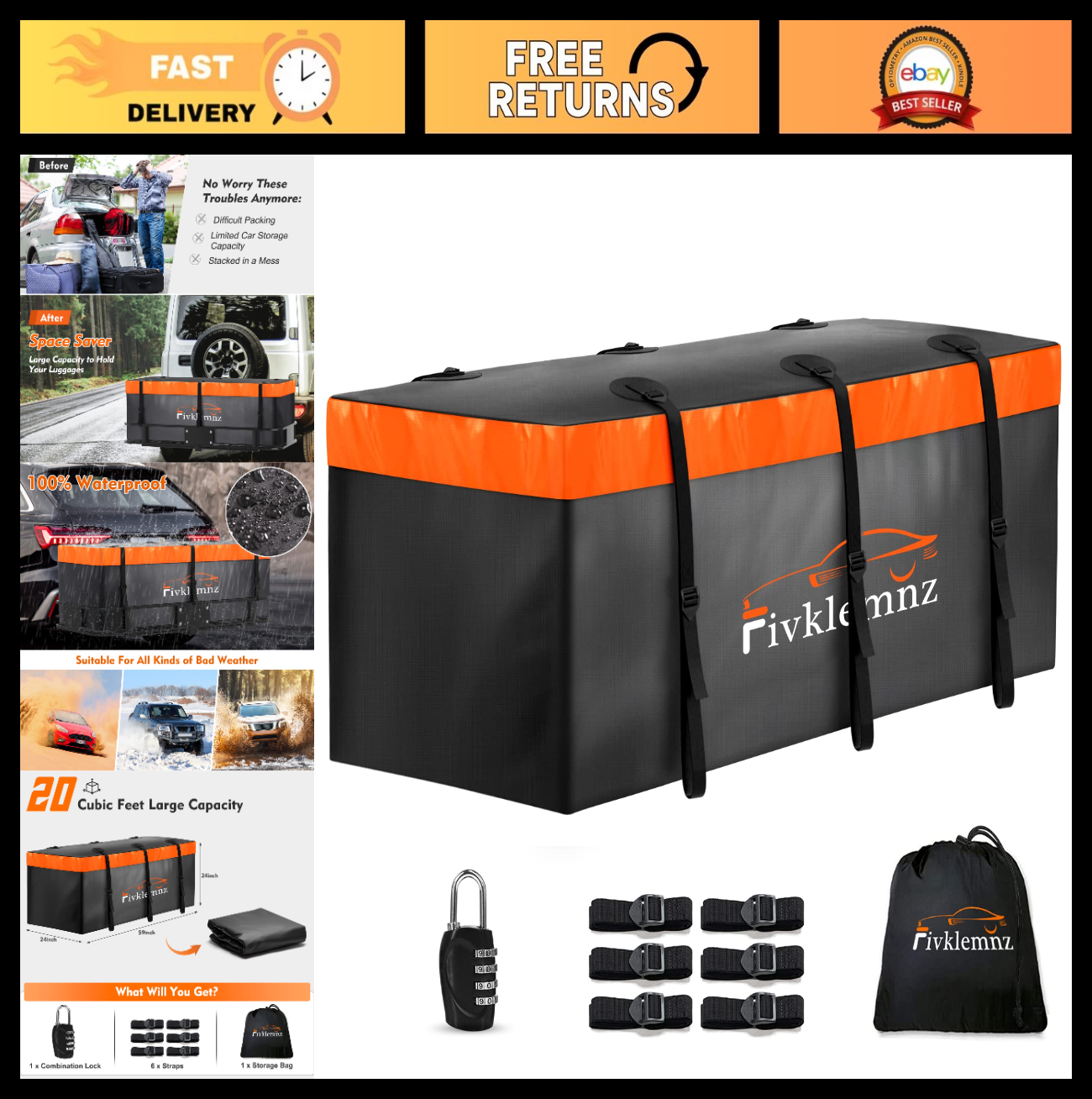 20 Cubic Waterproof Hitch Cargo Carrier Bag | Soft Luggage Bag with Straps & Loc0