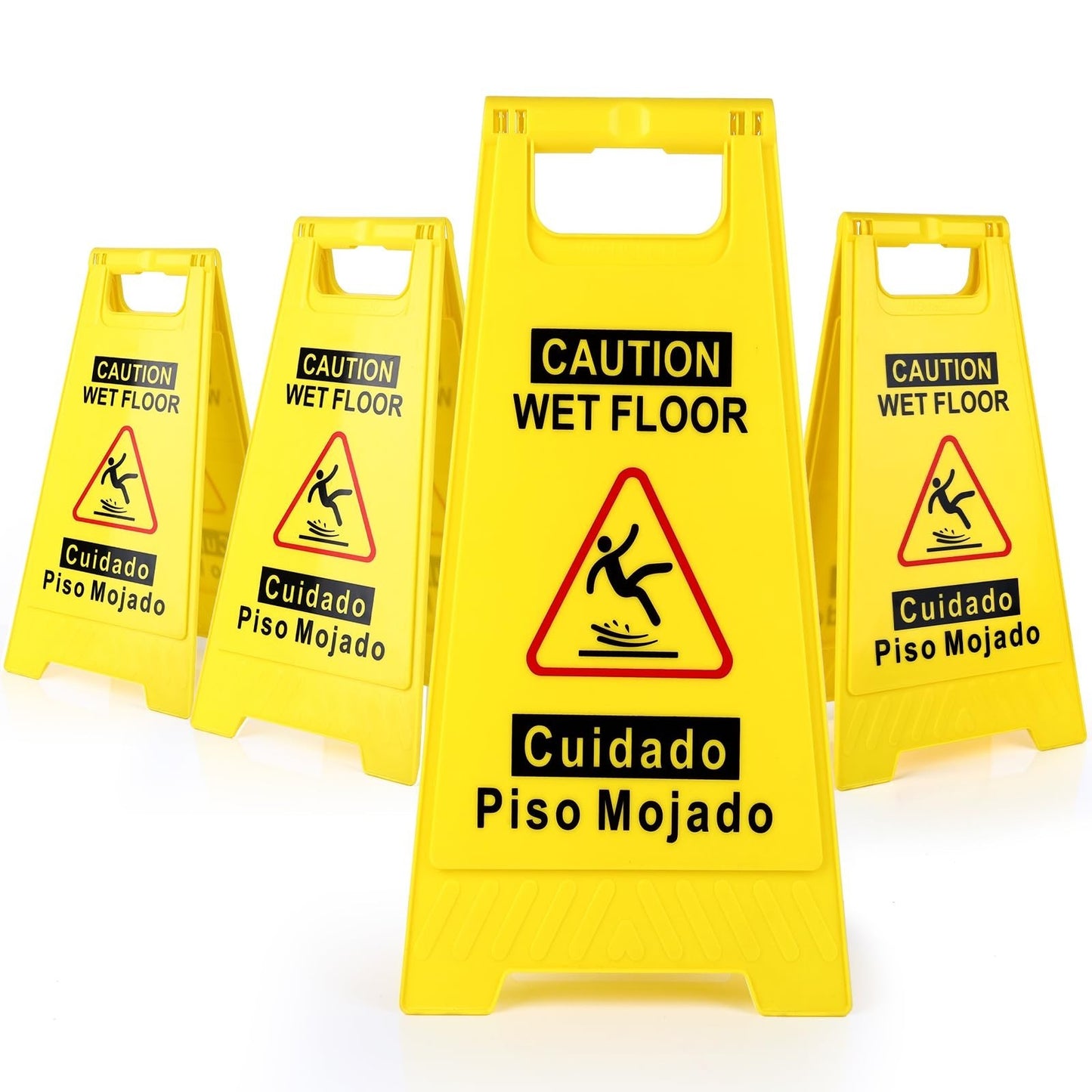 4 Pack Wet Floor Signs   17.5" Double Sided A Frame, Bright Yellow, Bilingual Sa1