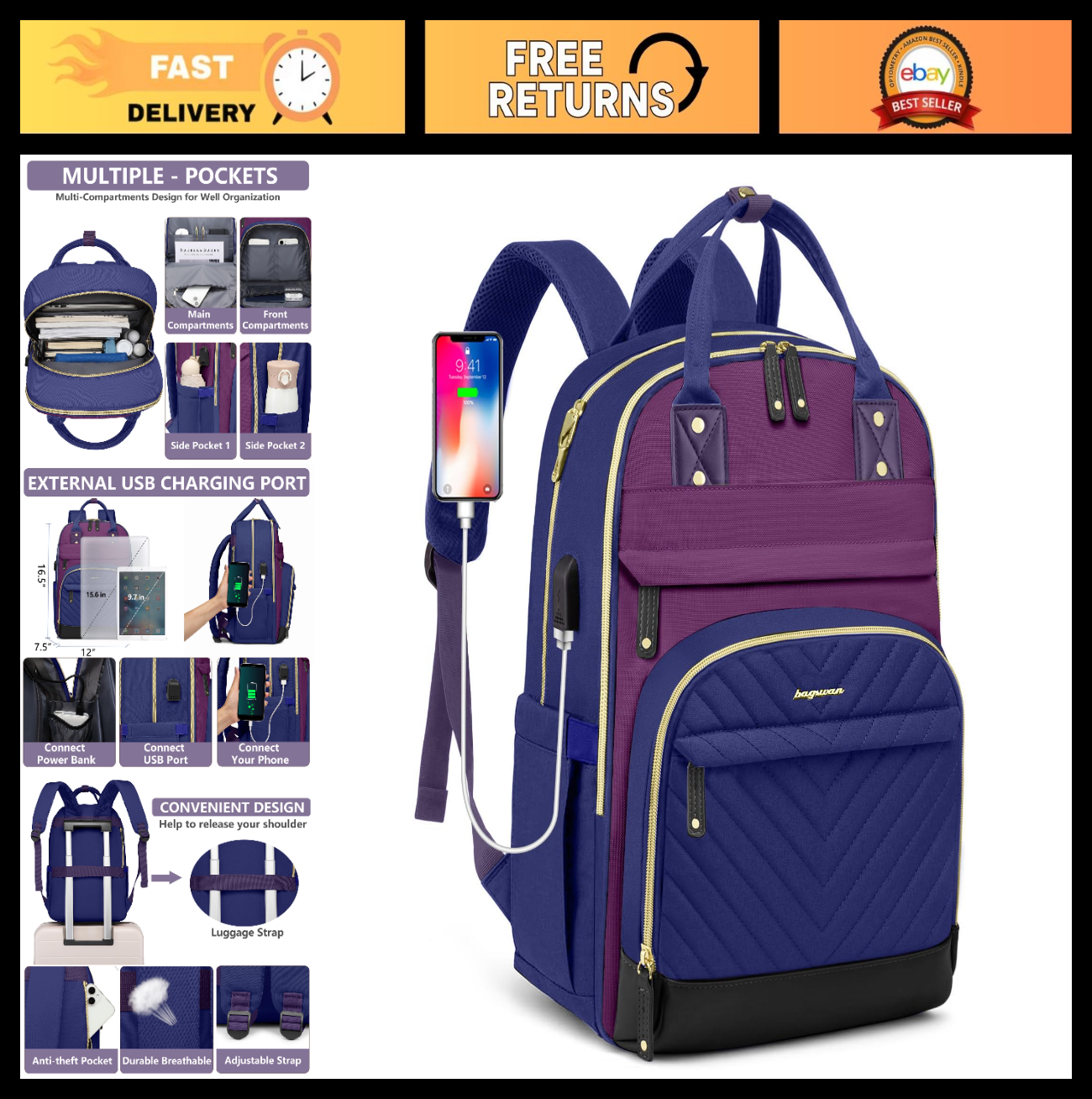 Stylish 15.6" Laptop Backpack for Women   Waterproof Travel Bag with USB Charger0