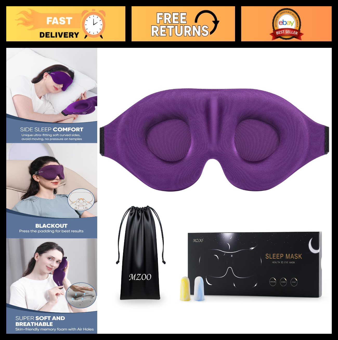 Luxury 3D Sleep Mask for Side Sleepers | Light Blocking, Adjustable, Breathable,0