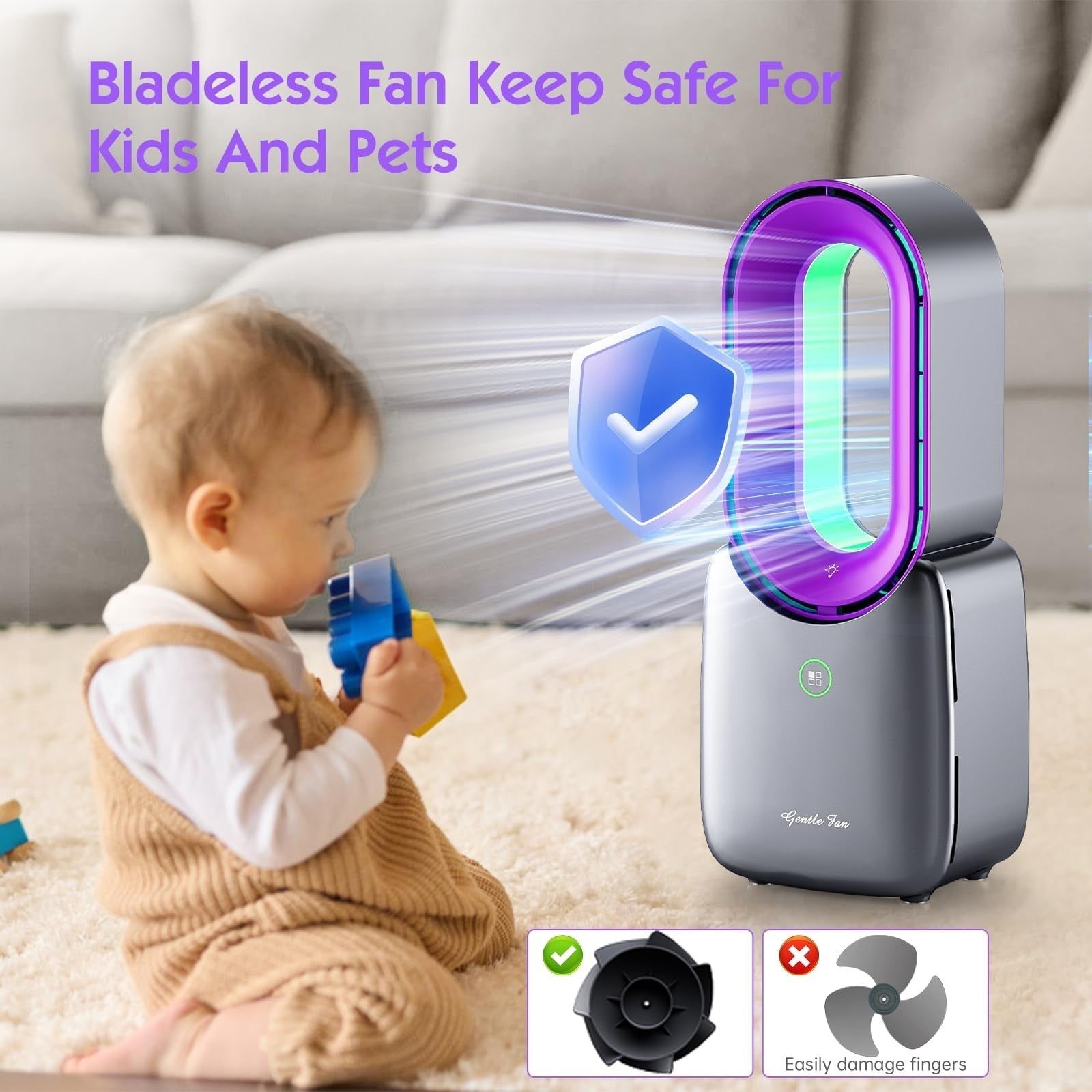 Bladeless Rechargeable Desk Fan with 5 Color LED Light   Quiet 11.8 Inch Table F3
