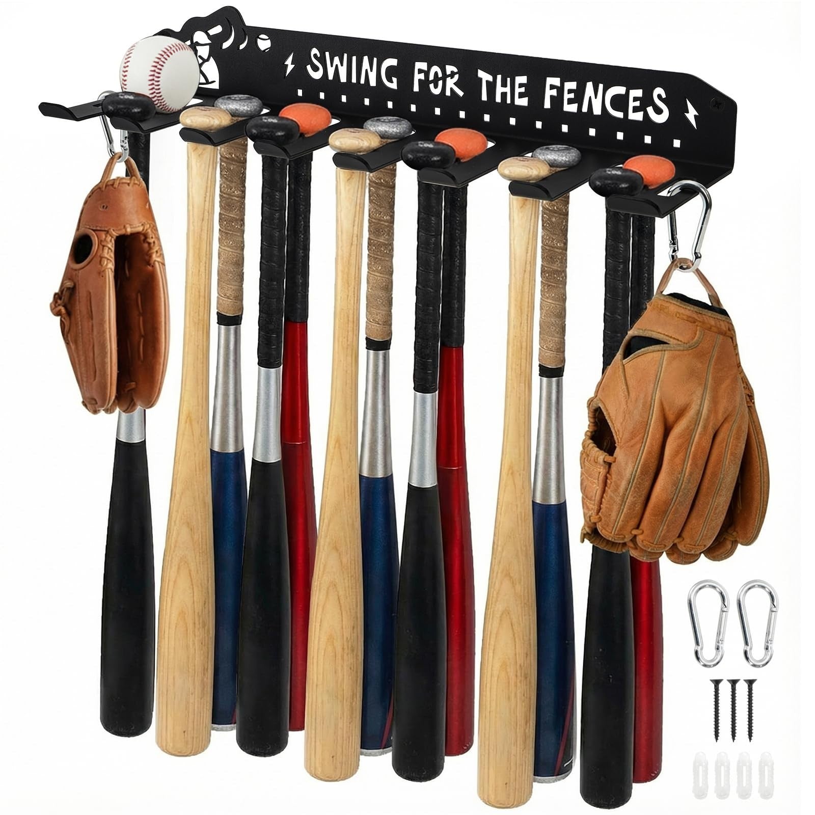 Heavy Duty Baseball Bat Rack Wall Mount   8 Hook Storage Holder for 14 Bats, Met1