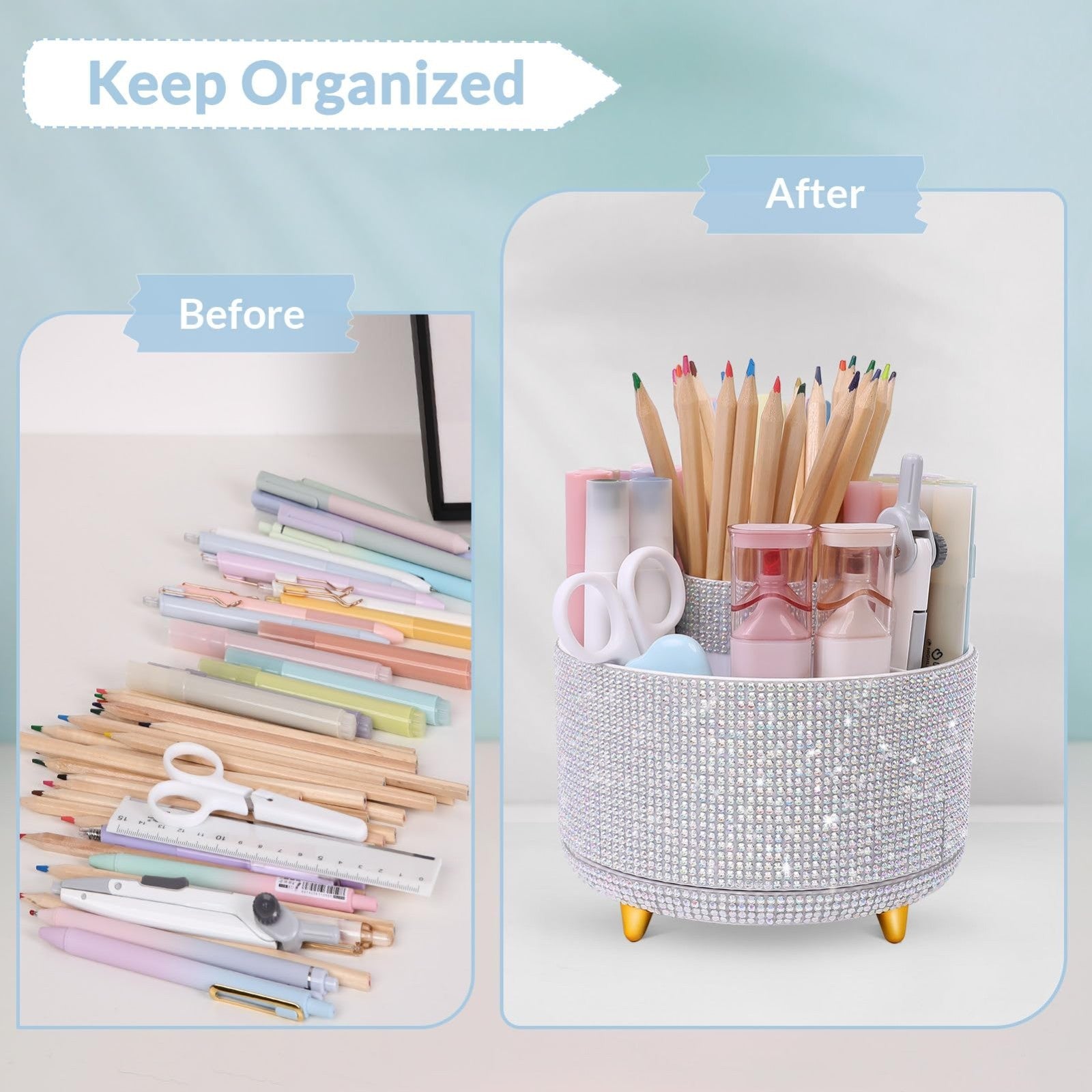 360° Rotating Desk Organizer   Rhinestone Pencil Pen Holder with 5 Slots for Off4