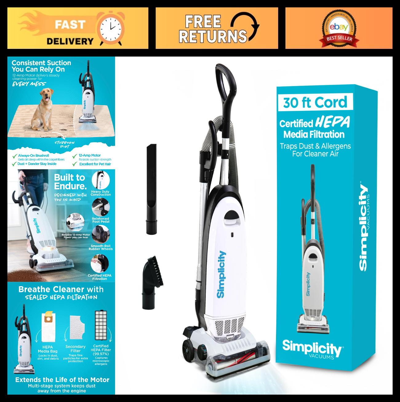 Allergy Bagged Upright Vacuum Cleaner for Home | Multi-Surface, Carpet, HEPA, Pe0