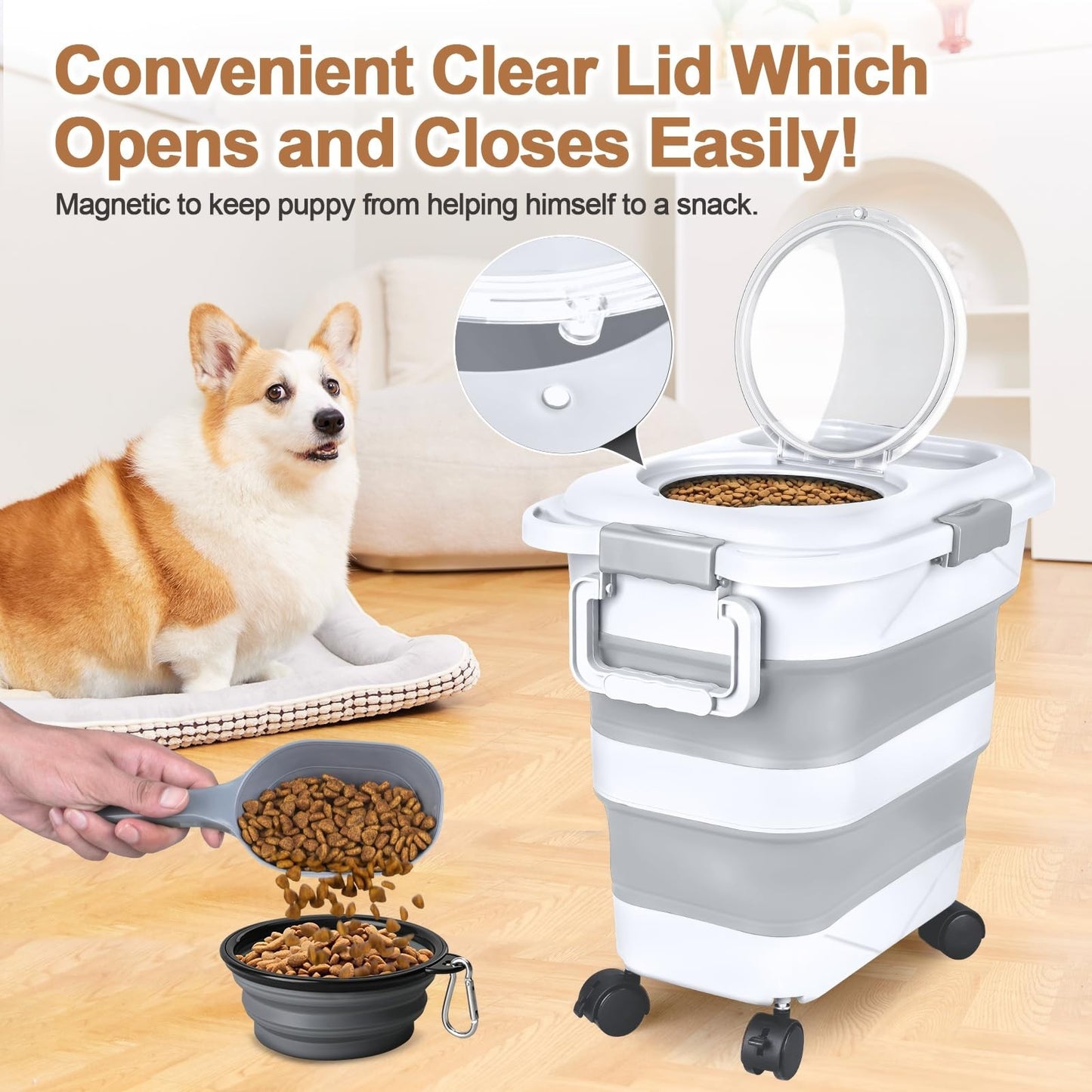 Airtight Dog & Cat Food Storage Container 10 25 lbs, Collapsible, Wheels & Scoop2