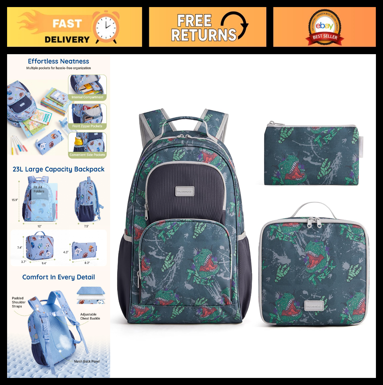 Kids Backpack Set 3PCS for School, Large Capacity 23L, Lightweight & Water-resis0