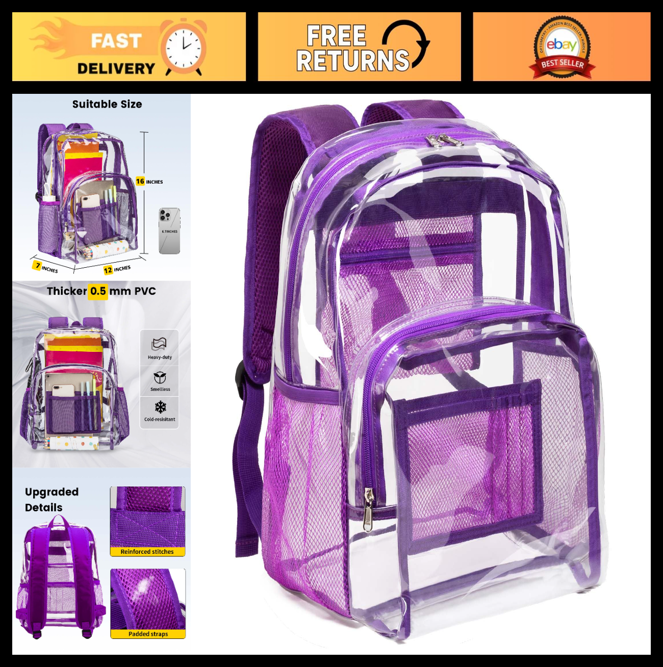 Clear PVC Backpack Heavy Duty Transparent Bag with Reinforced Straps - Large Cap0